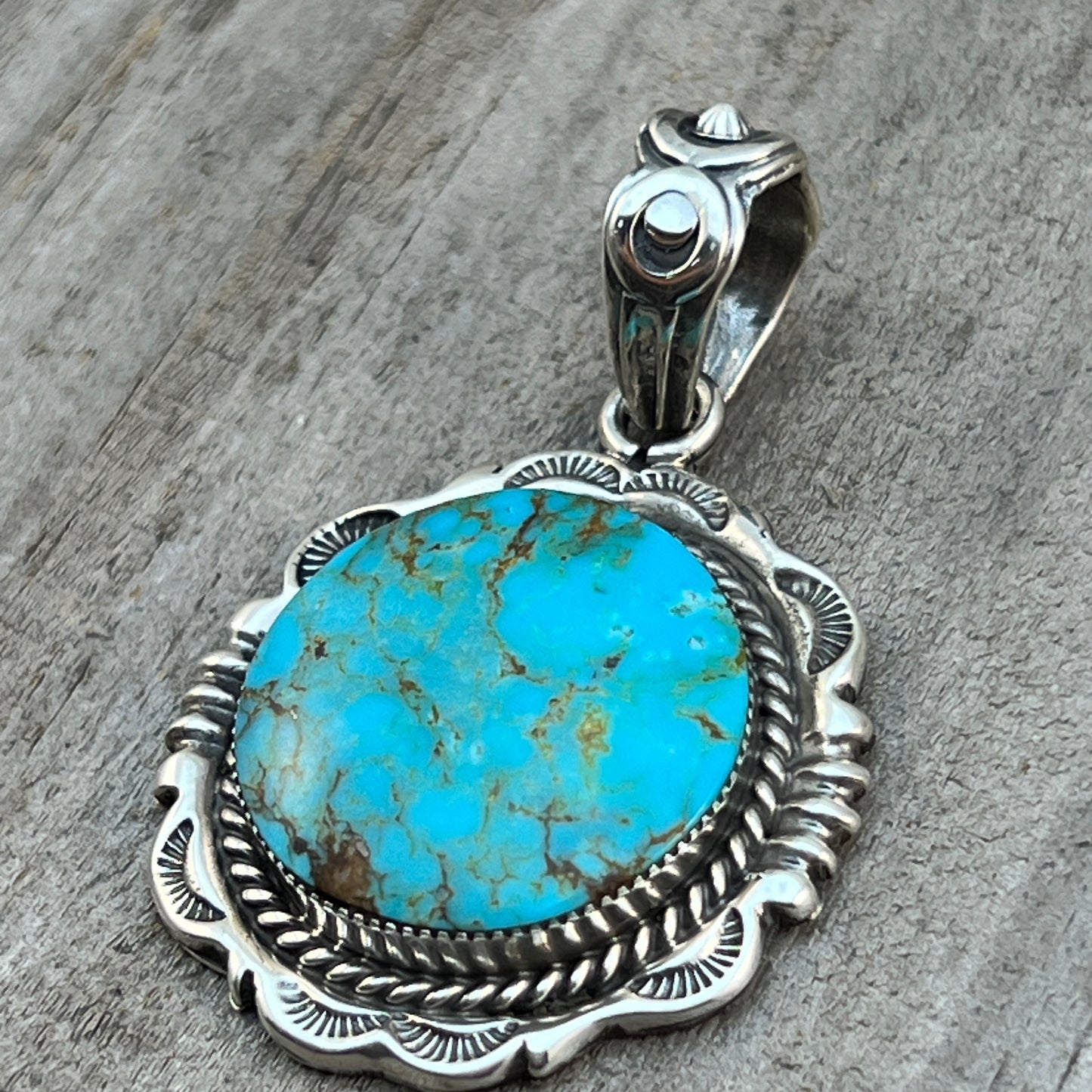 Kingman Turquoise Pendant Sterling silver Navajo handmade Jeremy Delgarito 556