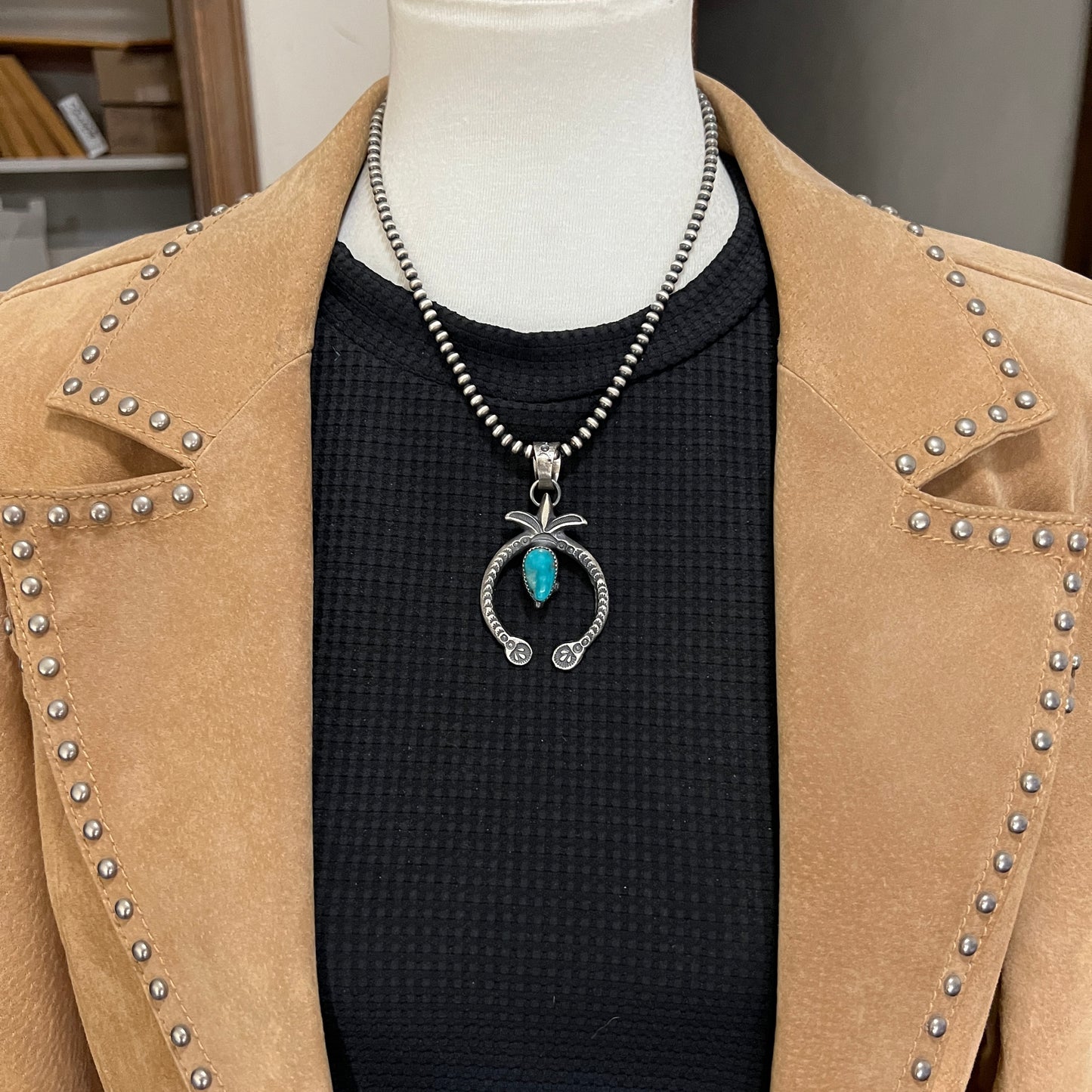 Kingman Turquoise Small naja Pendant, Tufa Cast, Navajo Sterling Silver Martha Cayatineto 2