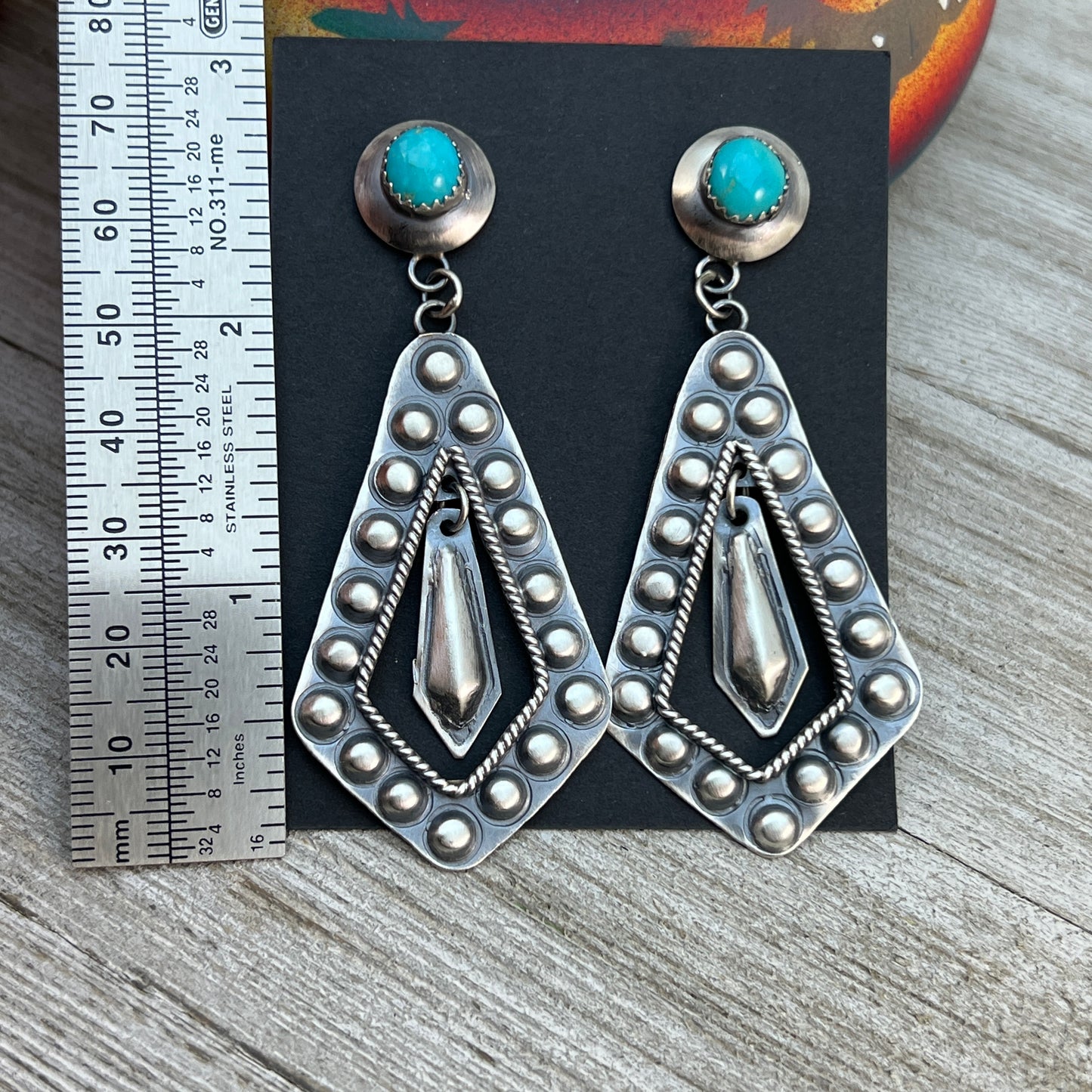Long Sterling silver Turquoise Hand stamped dangle earrings, Navajo Gabrielle Yazzie 4