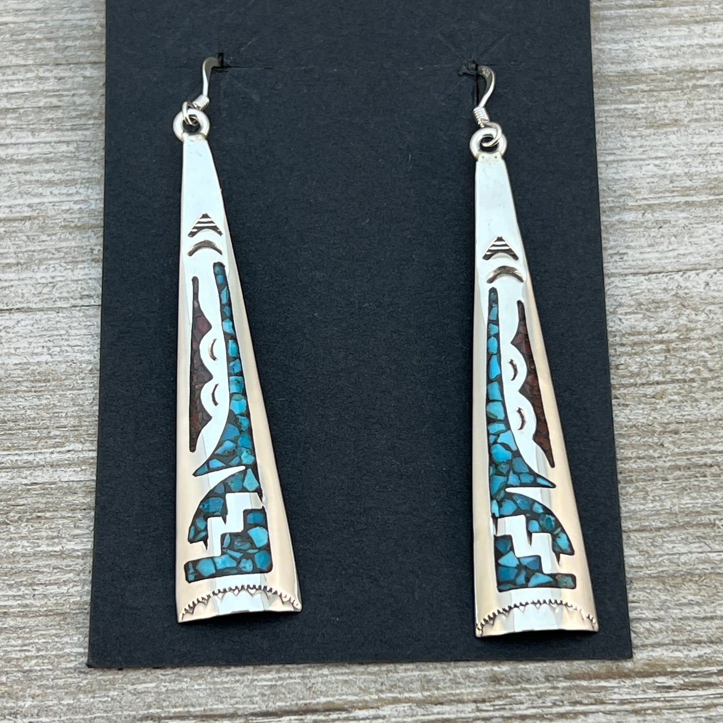 Turquoise coral chip inlay long earrings Navajo handmade signed Jolene Yazzie 1