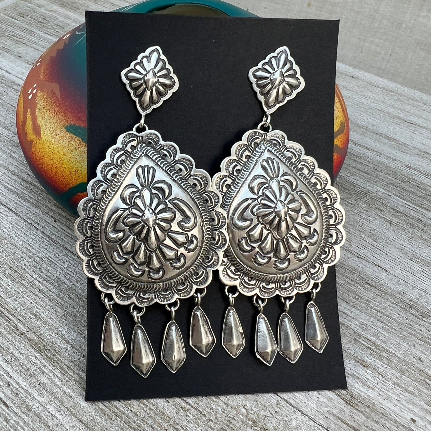 Lightweight Stamped concho dangle earrings, sterling silver turquoise Navajo Terry Charlie