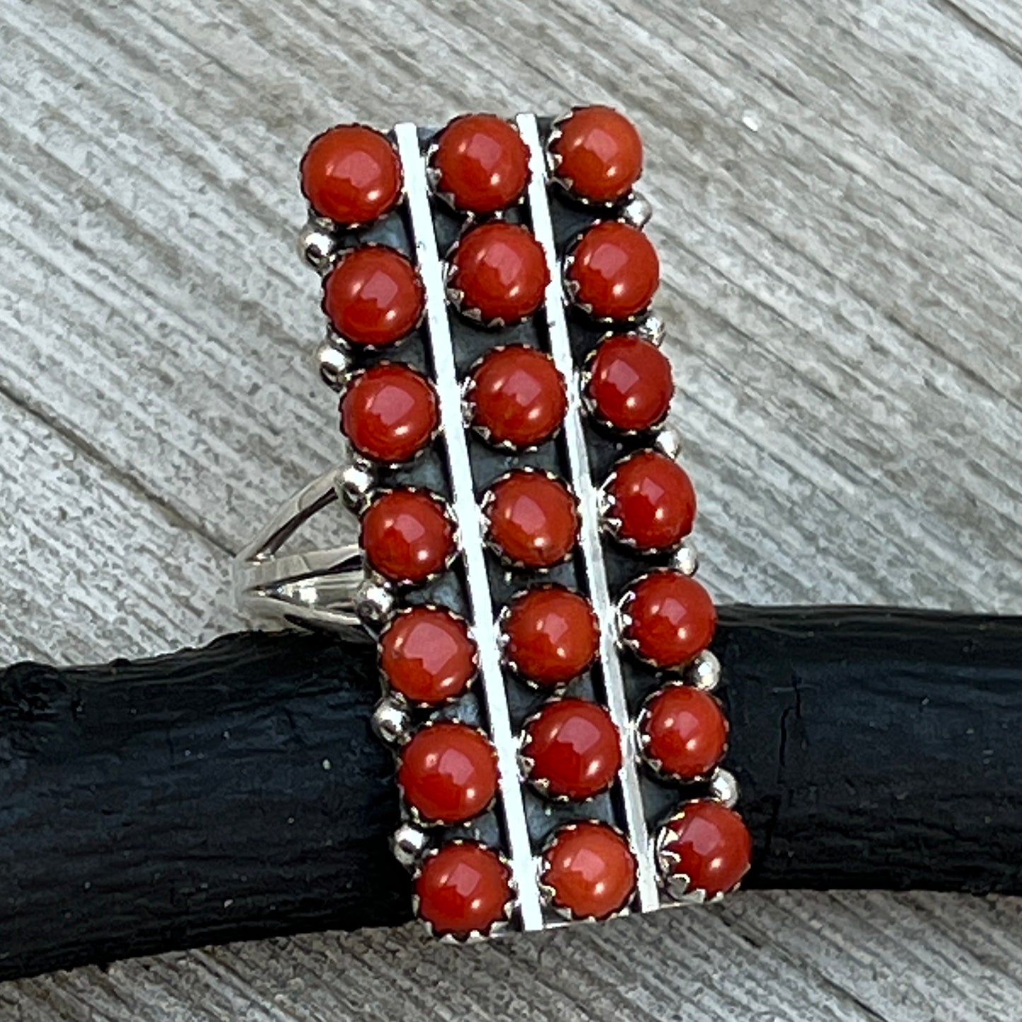 Size 7 Long Mediterranean Coral Zuni Snake Eye Dot Row Ring Kenny Lonjose Sterling Silver