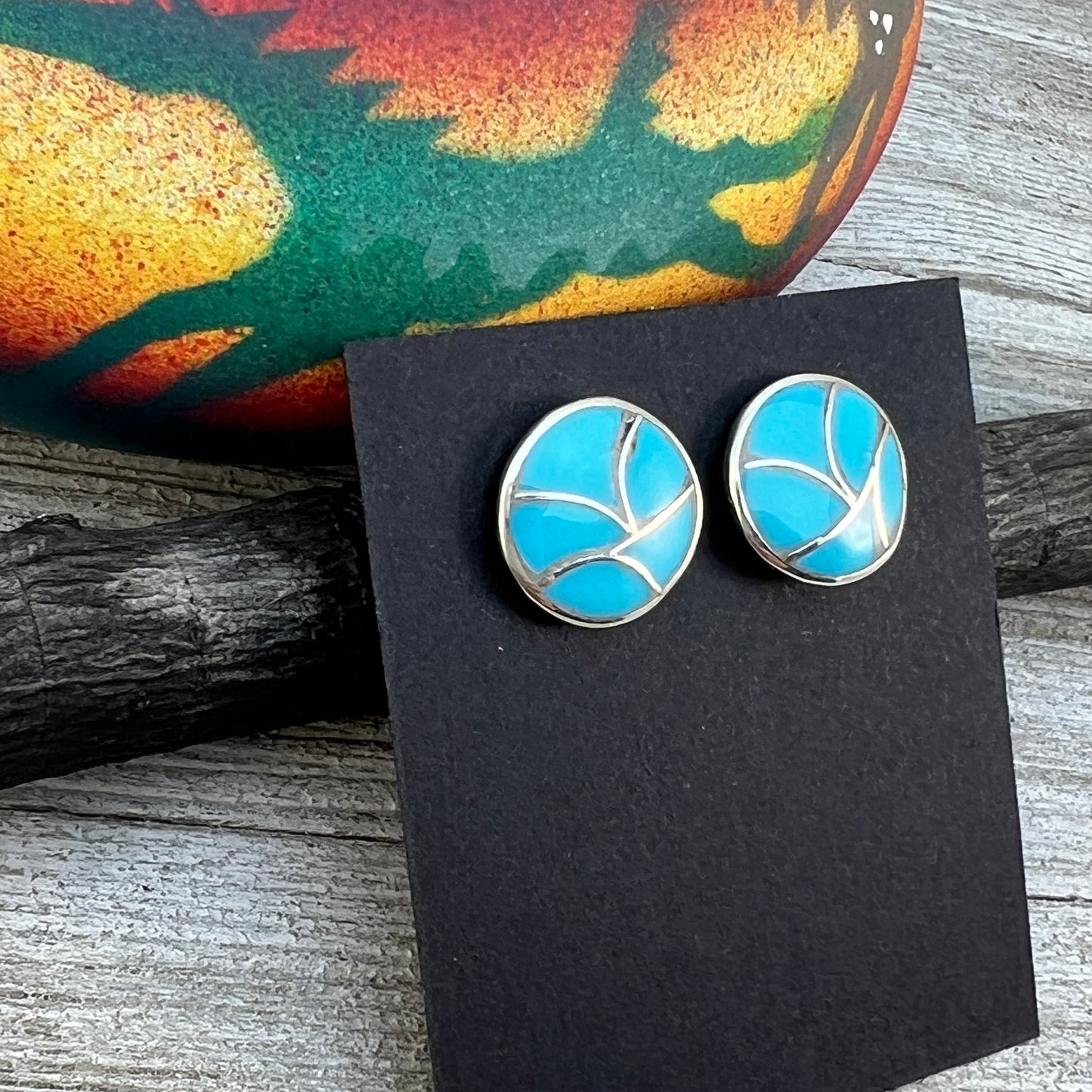 Zuni inlay turquoise fish scale small round stud earrings sterling silver Orena Leekya 4