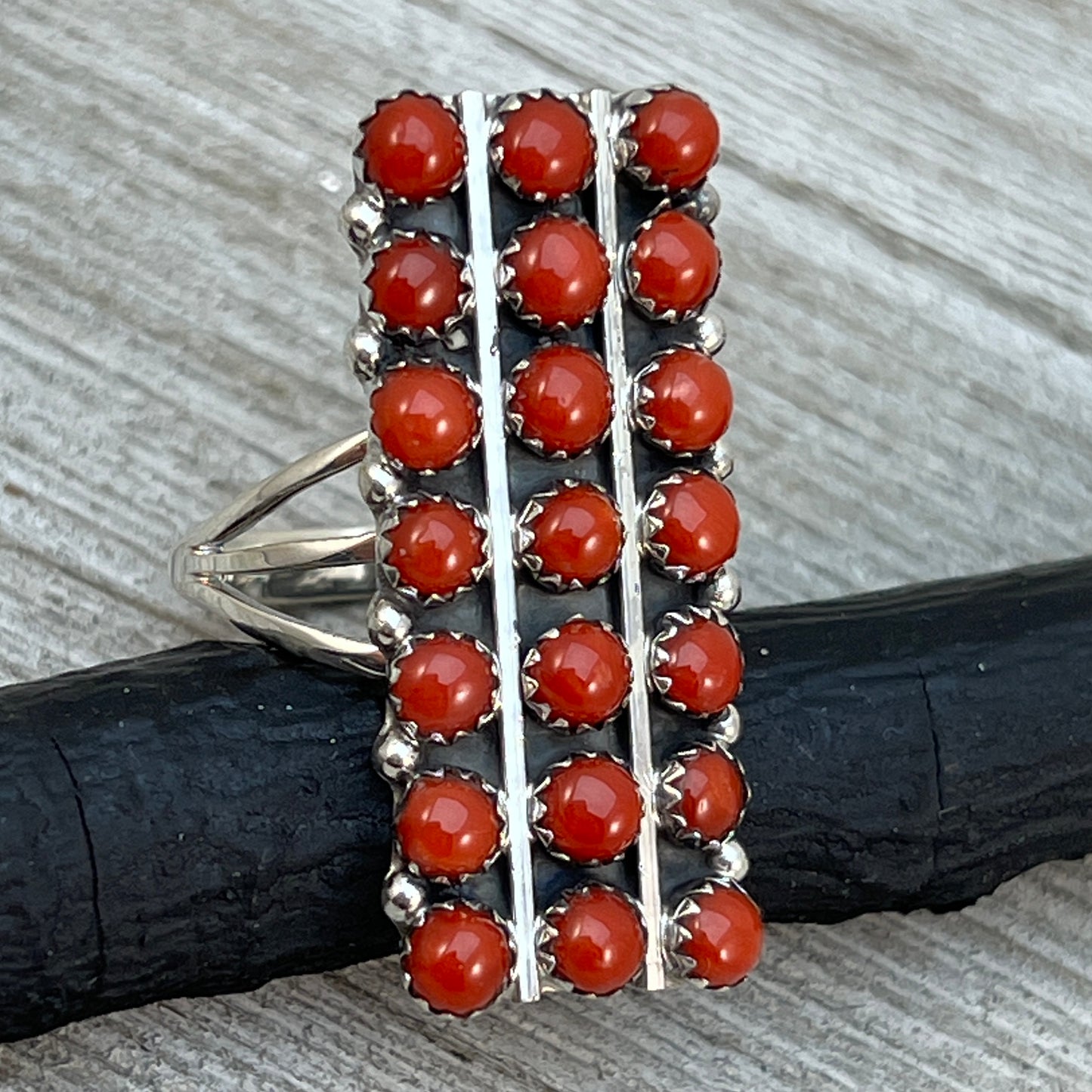 Size 10 Red Mediterranean Coral Zuni Snake Eye Dot Row Ring Kenny Lonjose Sterling Silver