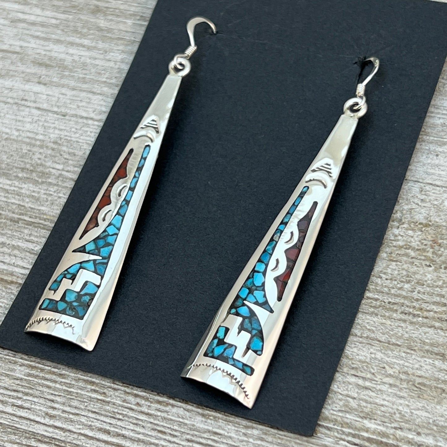 Turquoise coral chip inlay long earrings Navajo handmade signed Jolene Yazzie 3