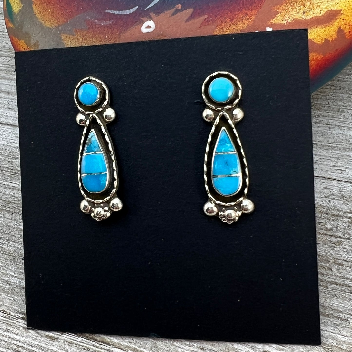 Sterling silver turquoise inlay teardrop stud earring #1, simple design Carina Leekity