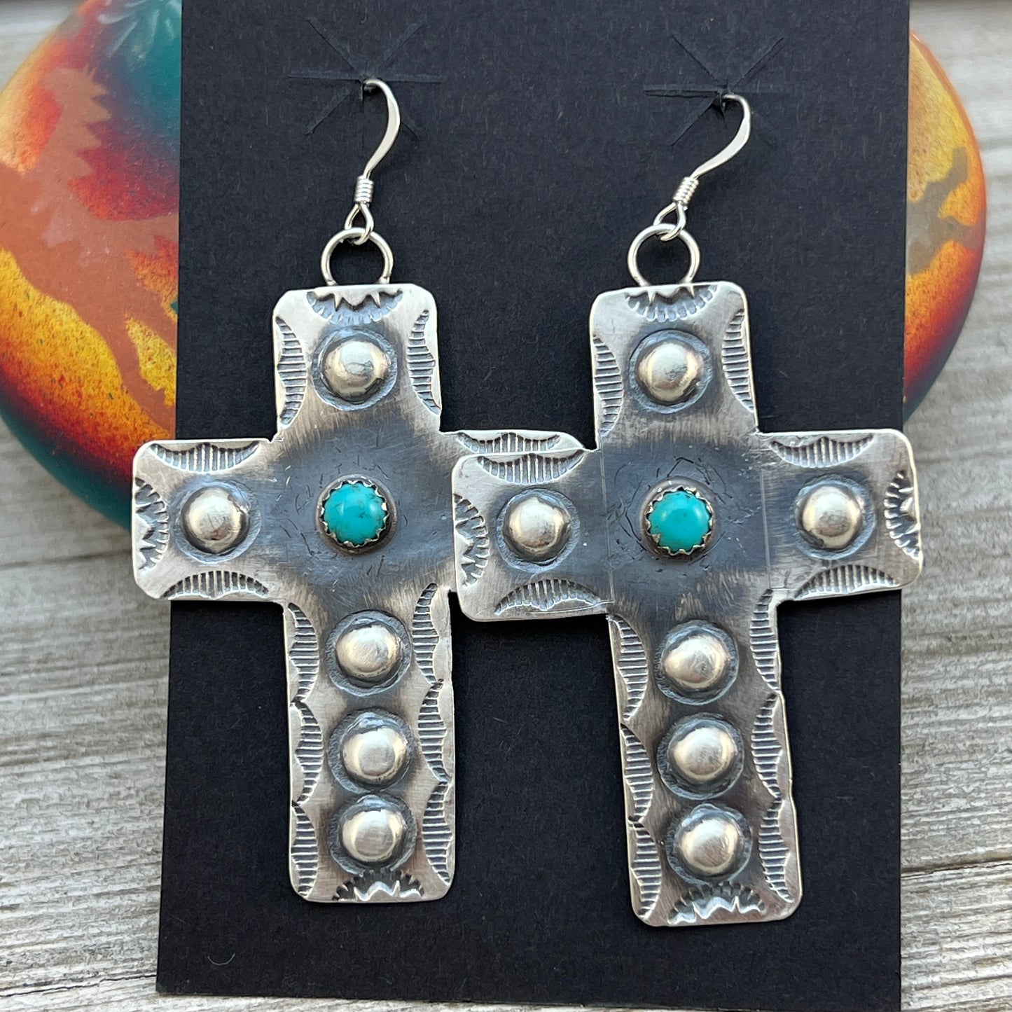 Navajo handmade large cross dangle earrings sterling silver turquoise Tim Yazzie 398