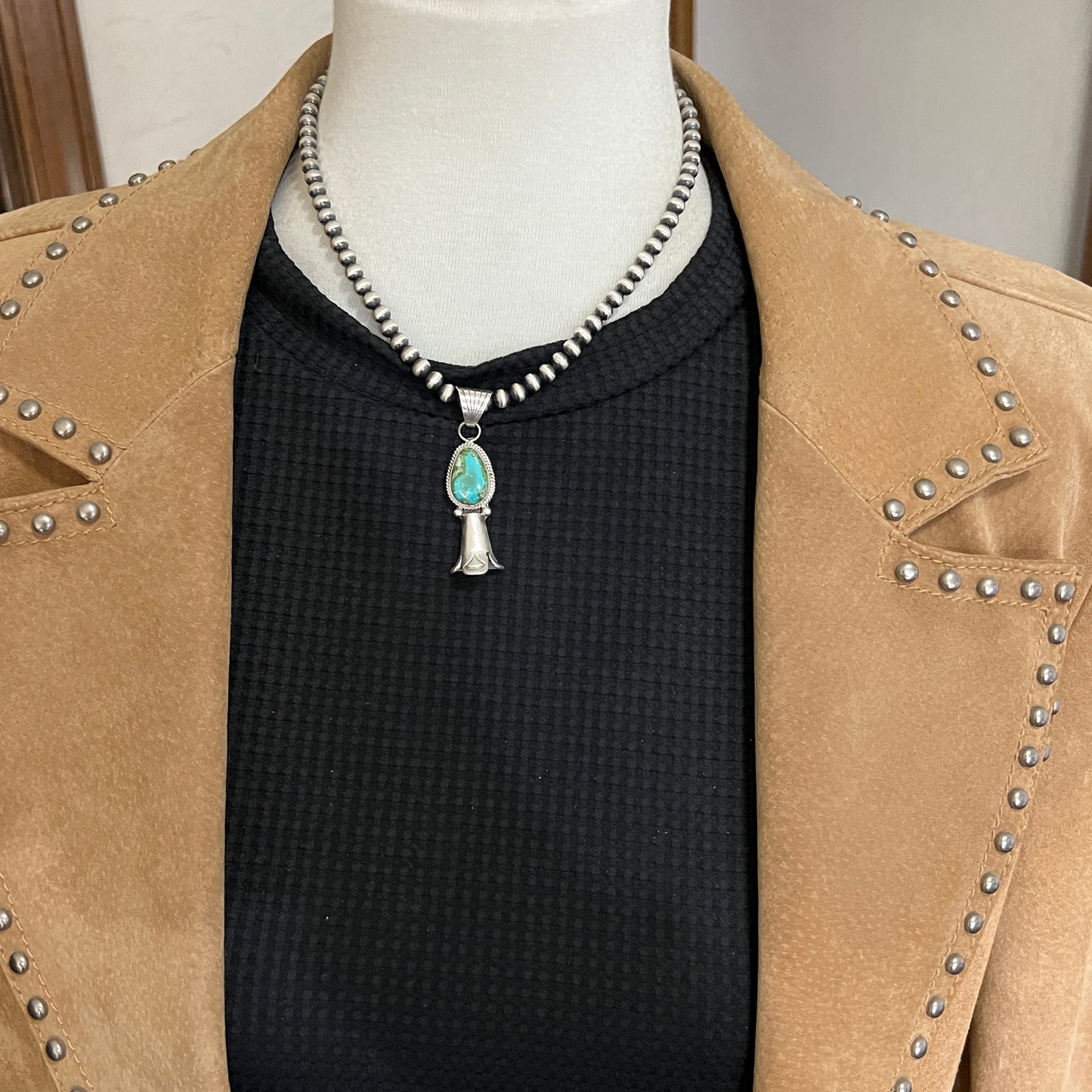 16" sterling silver Sonoran Gold Turquoise squash blossom necklace 5mm beads
