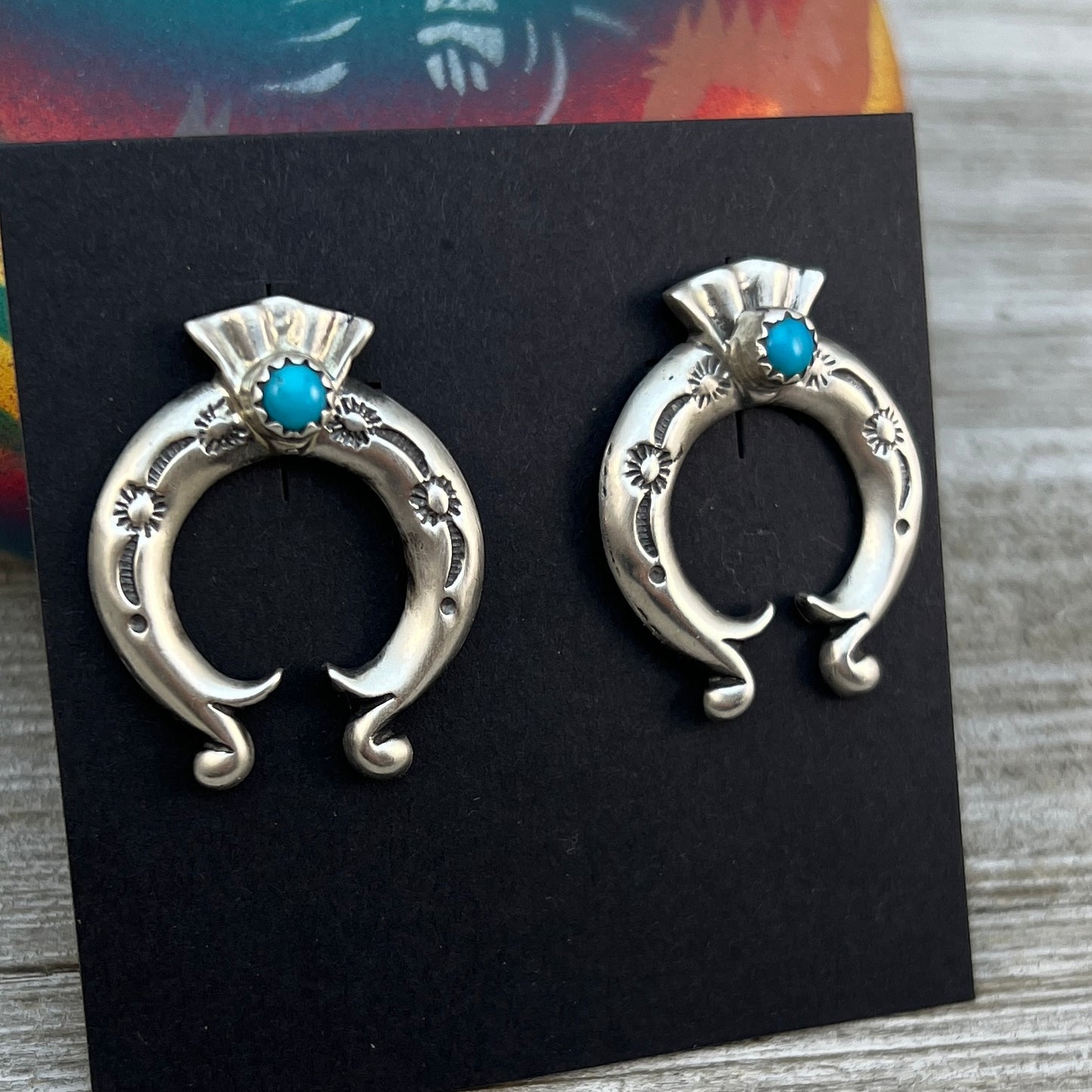 Blue Turquoise Naja stud Earrings Navajo handmade Adrienne Gordan Sterling Silver 2
