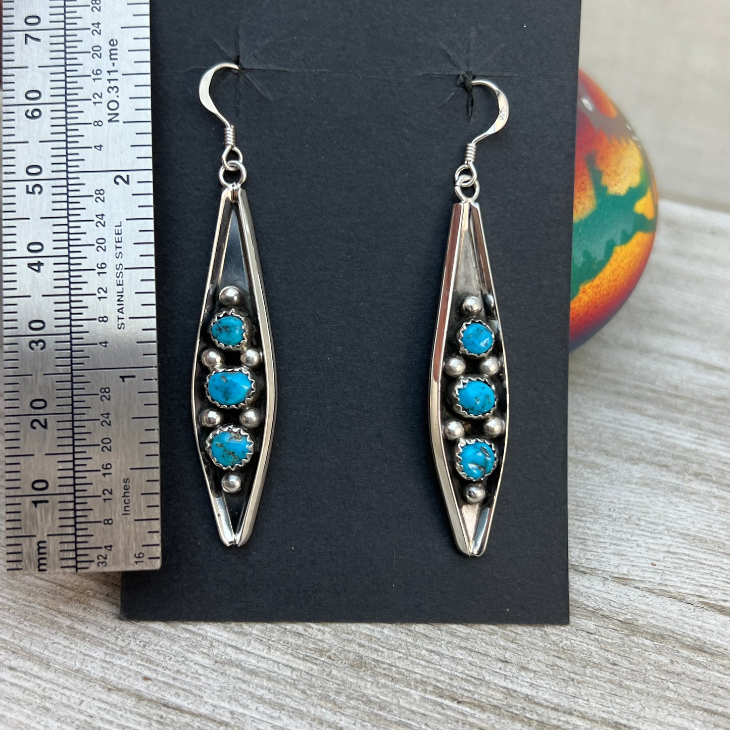 7/8" Blue Turquoise Earrings Navajo handmade by Paul Largo sterling silver 1