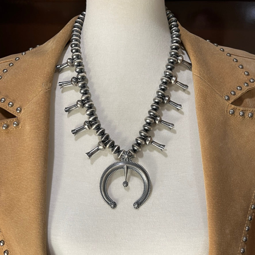 22" Squash Blossom Necklace handmade Navajo pearls Beads, Presley Haley sterling silver