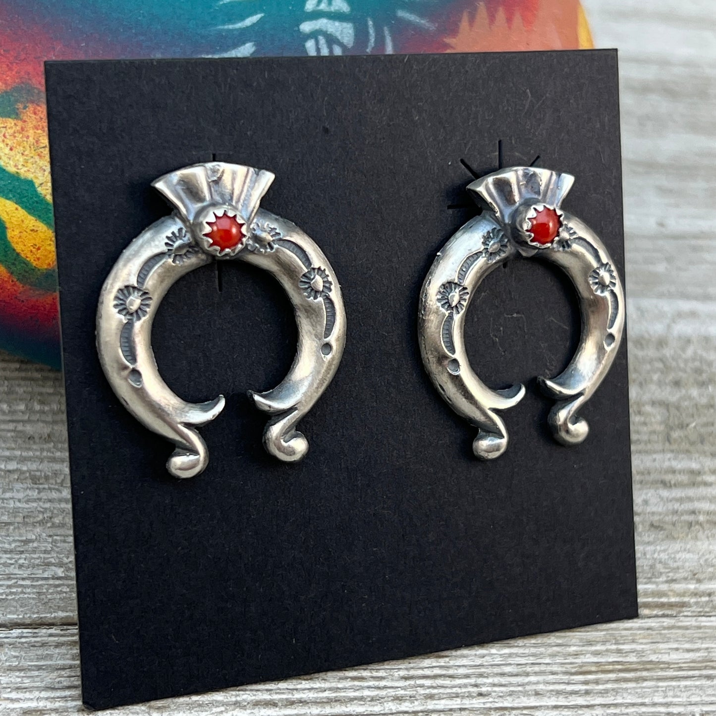 Red Mediterranean Coral Naja stud Earrings Navajo Adrienne Gordan Sterling Silver 1
