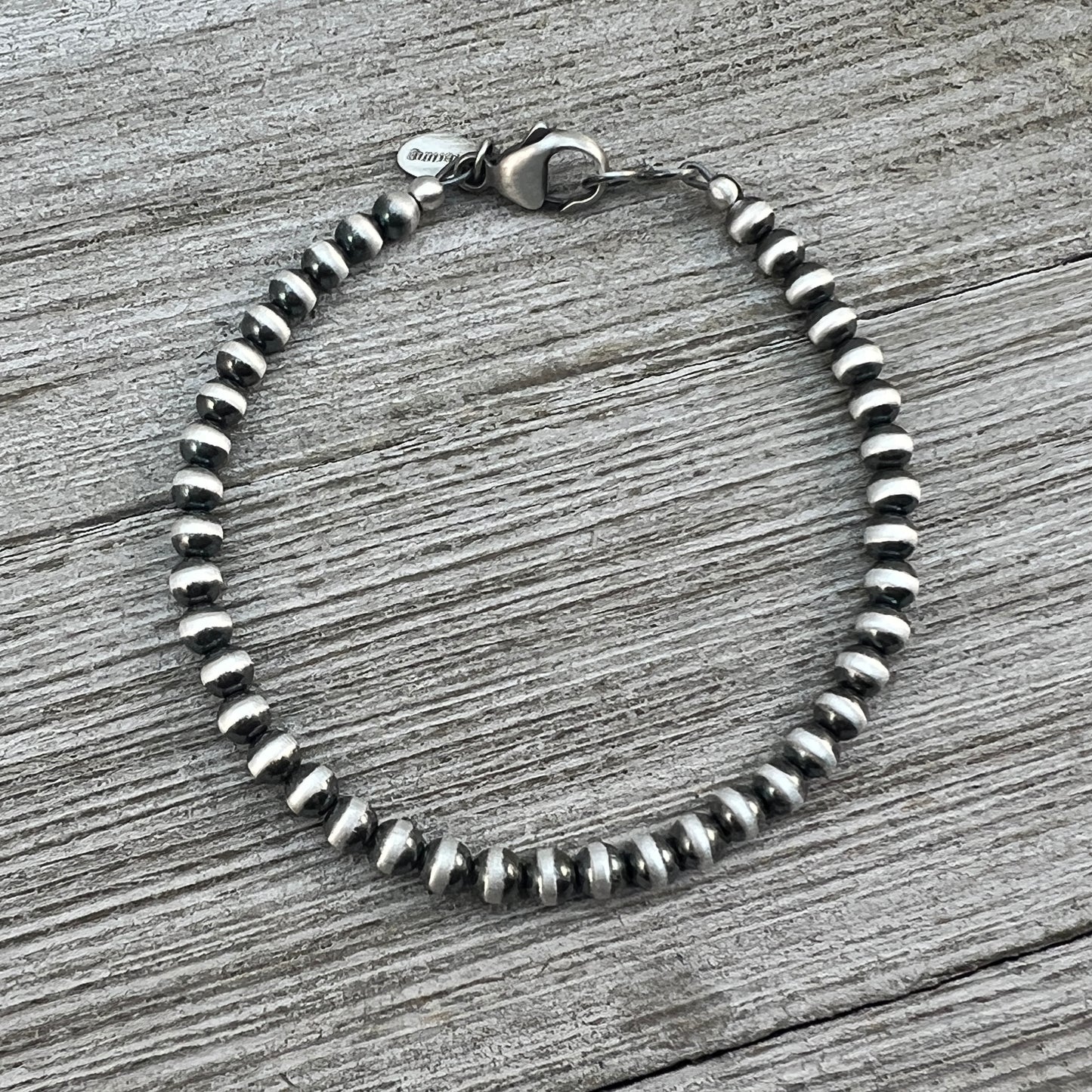 Sterling Silver 4mm Bead Bracelet, Silver pearls boho oxidized ball chain Southwest Jewelry