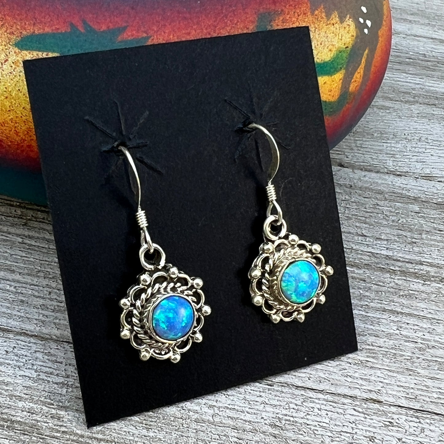 Dainty blue Opal Dangle earrings, small handmade Sterling Silver