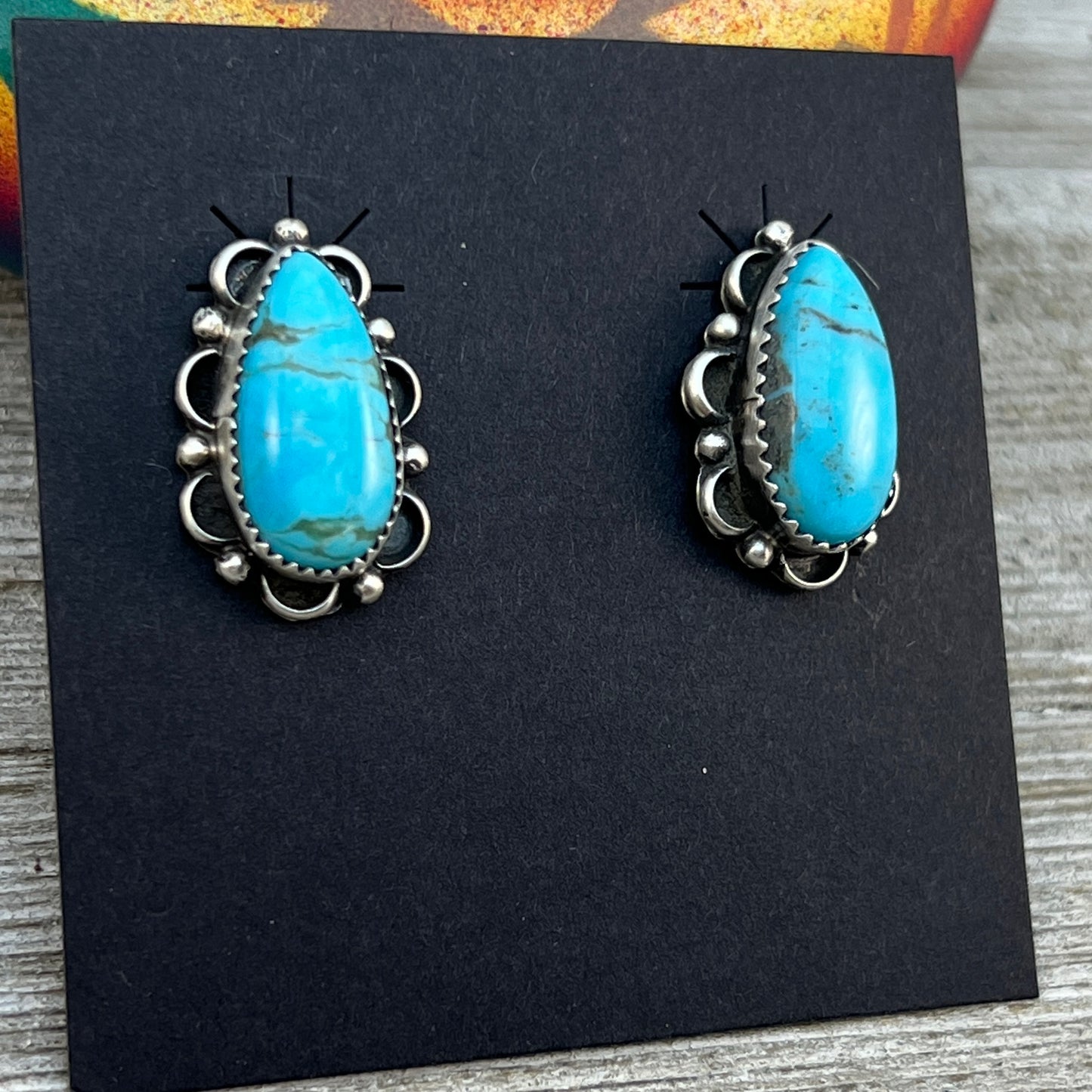 Blue Kingman Turquoise teardrop stud earrings sterling silver Freda Martinez