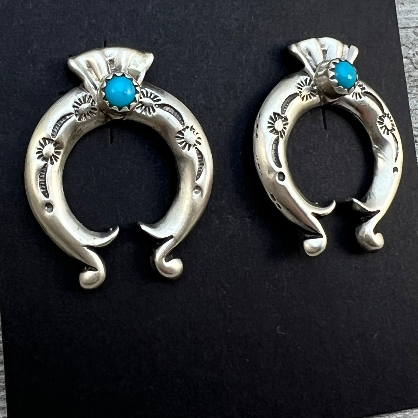 Blue Turquoise Naja stud Earrings Navajo handmade Adrienne Gordan Sterling Silver 1