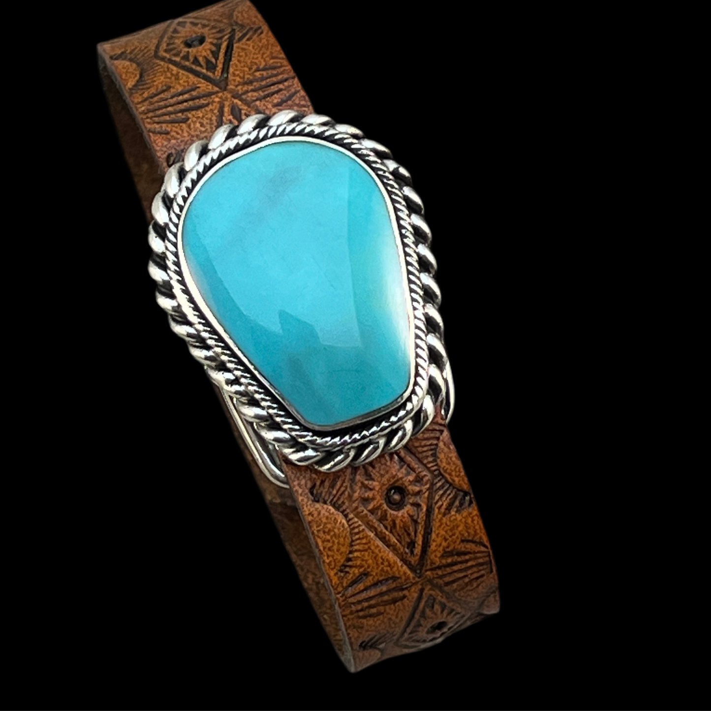Real Turquoise leather Sterling silver bracelet adjustable Navajo Mike Smith Size 6.25, 7