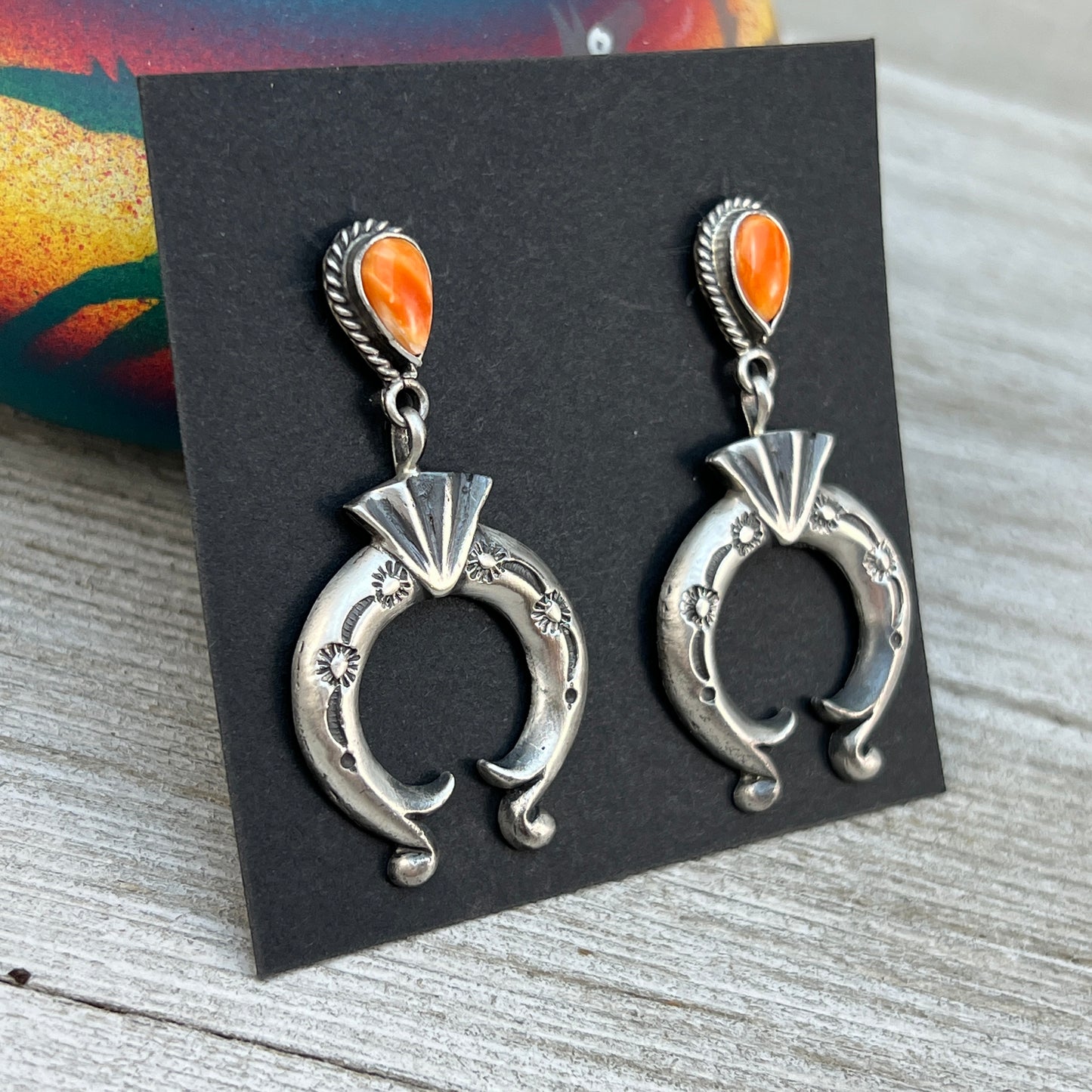 Orange Spiny Oyster Shell dangle Naja earrings sterling silver Navajo Adrienne Gordon 3