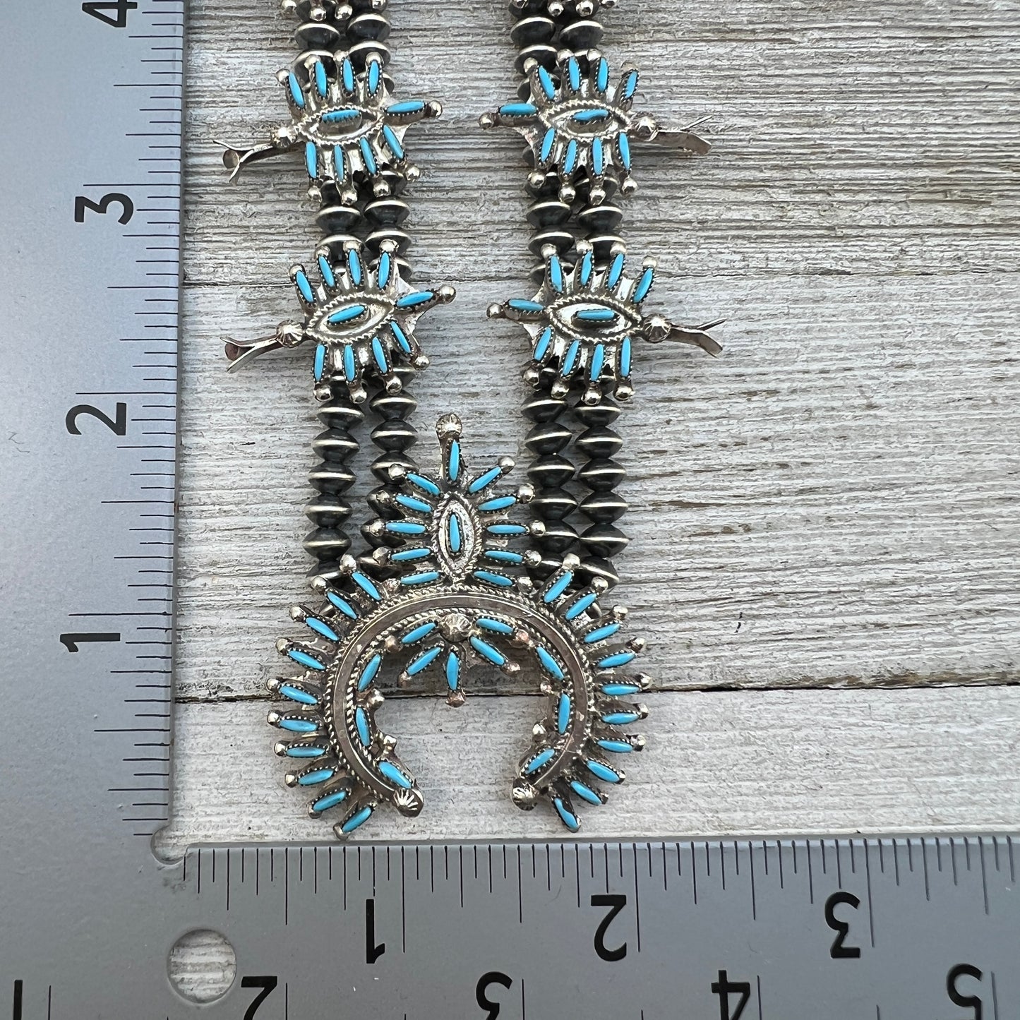 21 1/2" Needlepoint Turquoise Small Squash Blossom Necklace Zuni Renita Luna