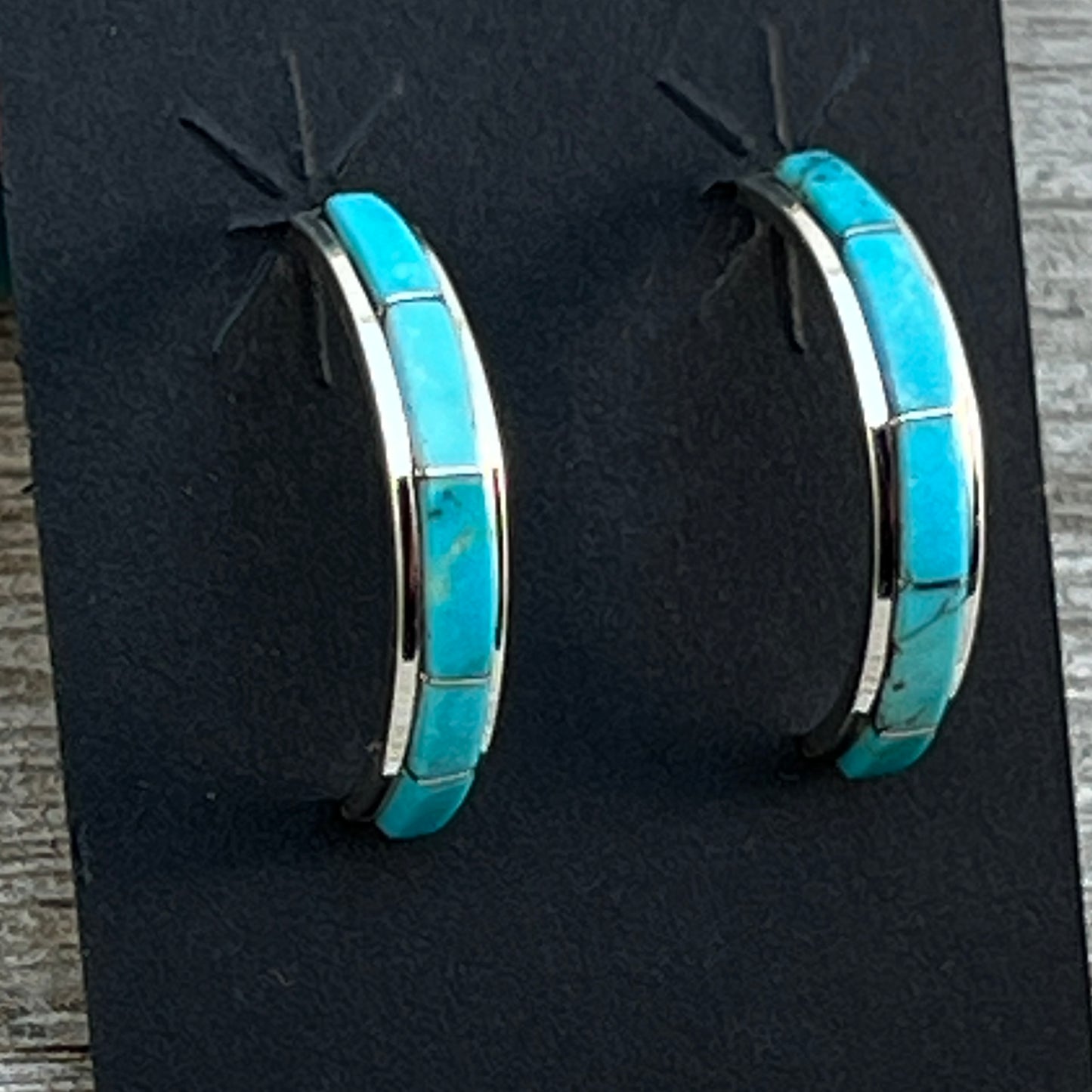 Small Turquoise 7/8" narrow turquoise zuni hoop earrings sterling silver Gloria Waseta 419