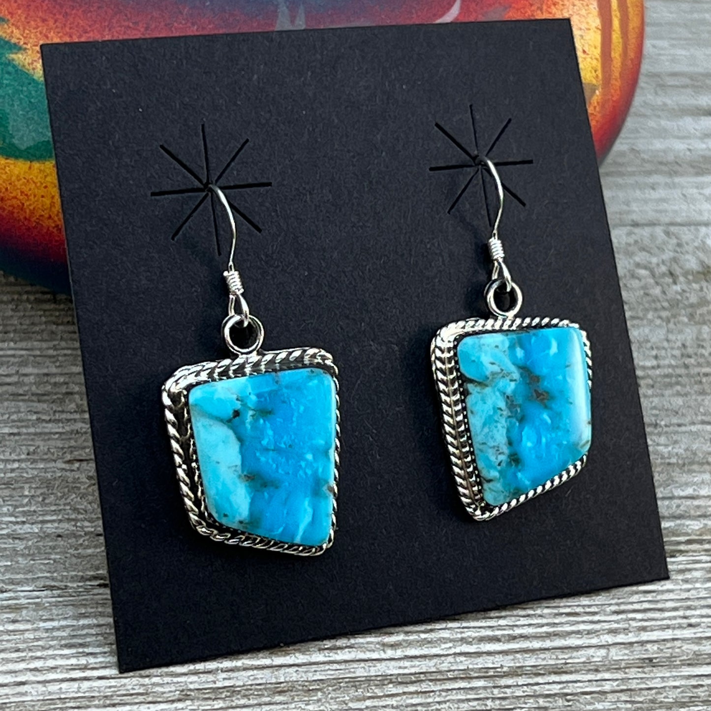 Geometric Blue Turquoise Dangle Earrings sterling silver Navajo Arlene Lewis 2