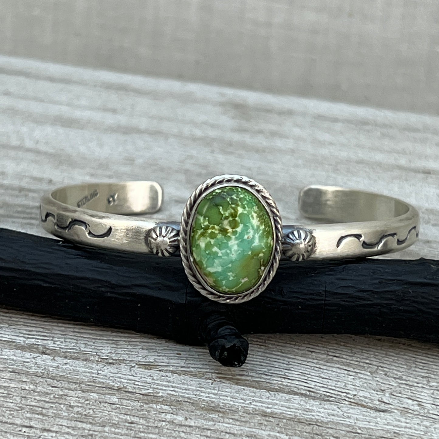 6.75" Green Sonoran Gold turquoise Cuff Bracelet, Sterling Silver Navajo Samuel Yellowhair