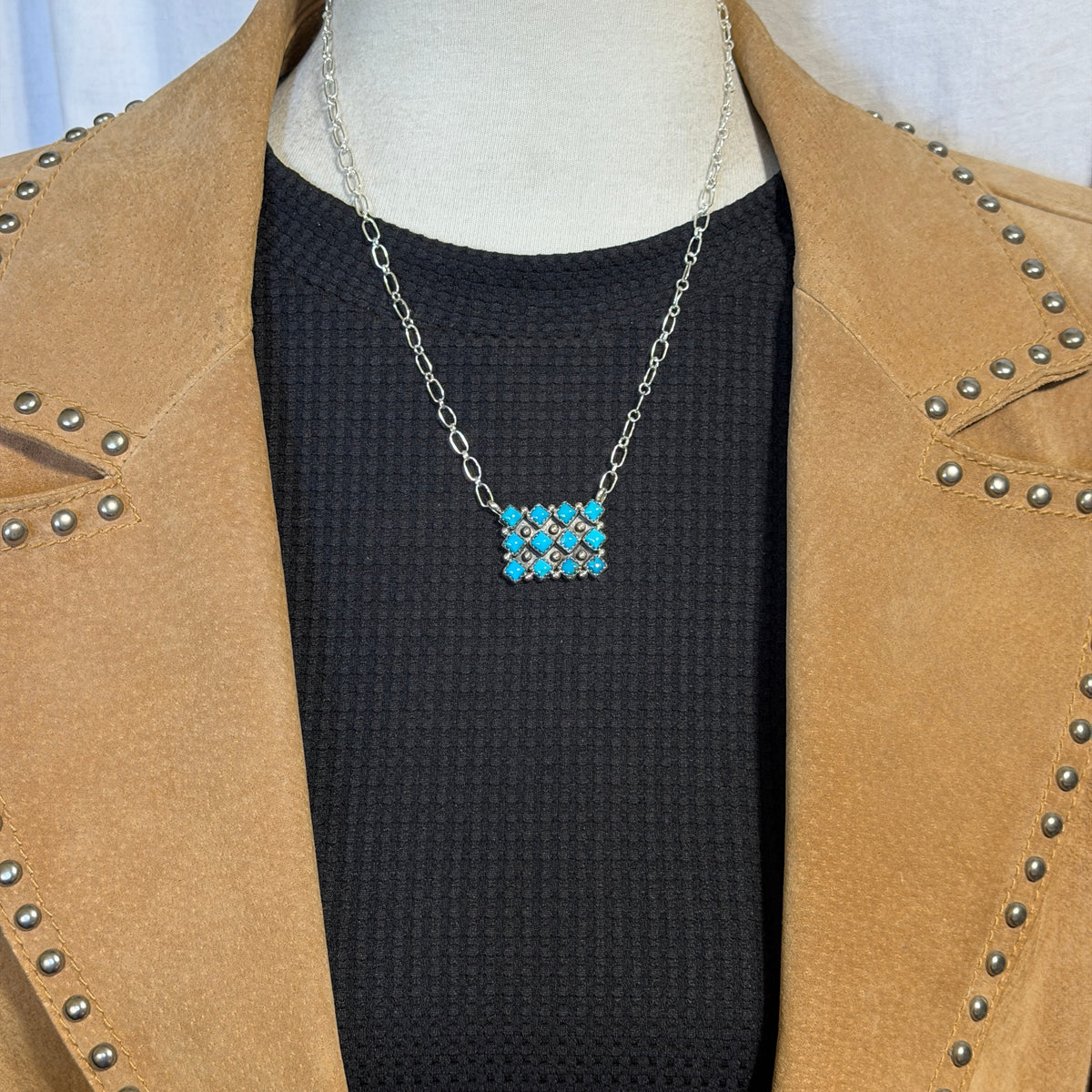 18 1/2" Turquoise Square Station Necklace Navajo Sterling Silver Verley Betone 2