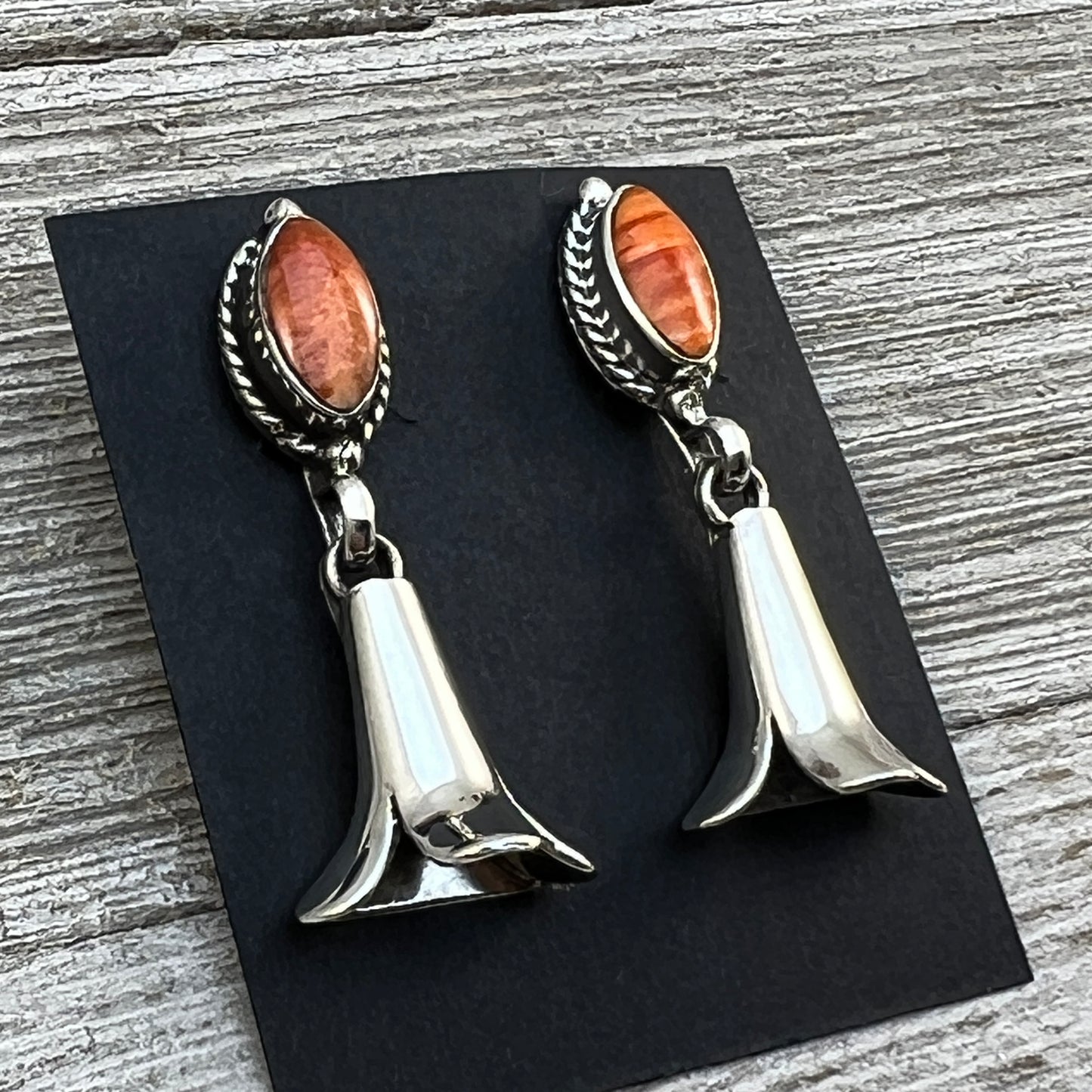 Orange Spiny Squash Blossom dangle earrings sterling silver turquoise Sheena Jack 407