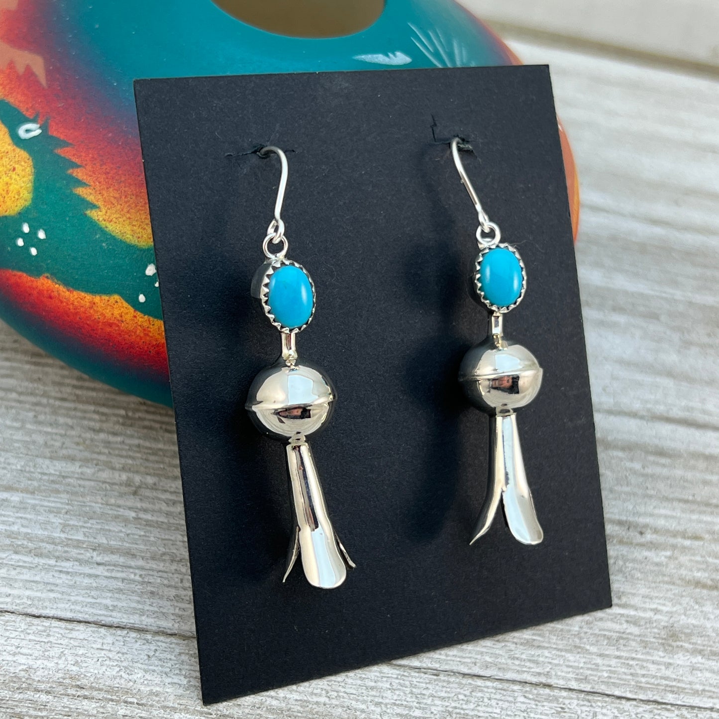Squash Blossom Dangle Earrings Blue Campitos Turquoise sterling silver Vernon Tsosie