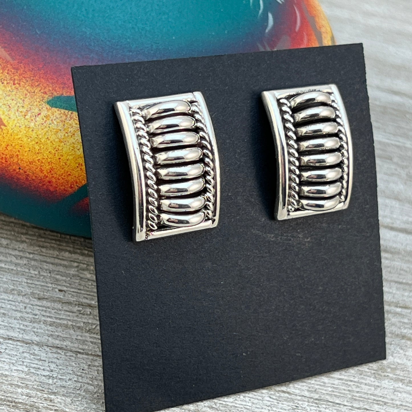 Modern Sterling silver Navajo handmade Bar ribbed rectangle earrings, Thomas Charley 2