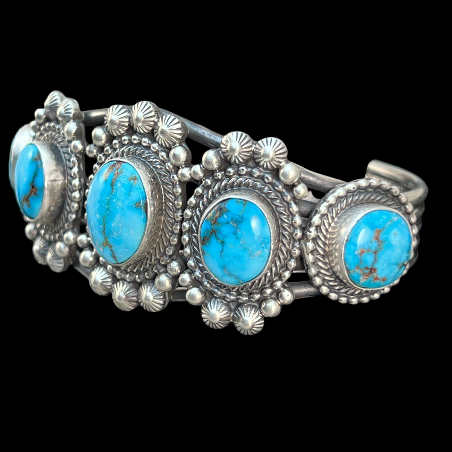 Blue Kingman turquoise cuff bracelet Navajo handmade signed, Tom Lewis sterling silver