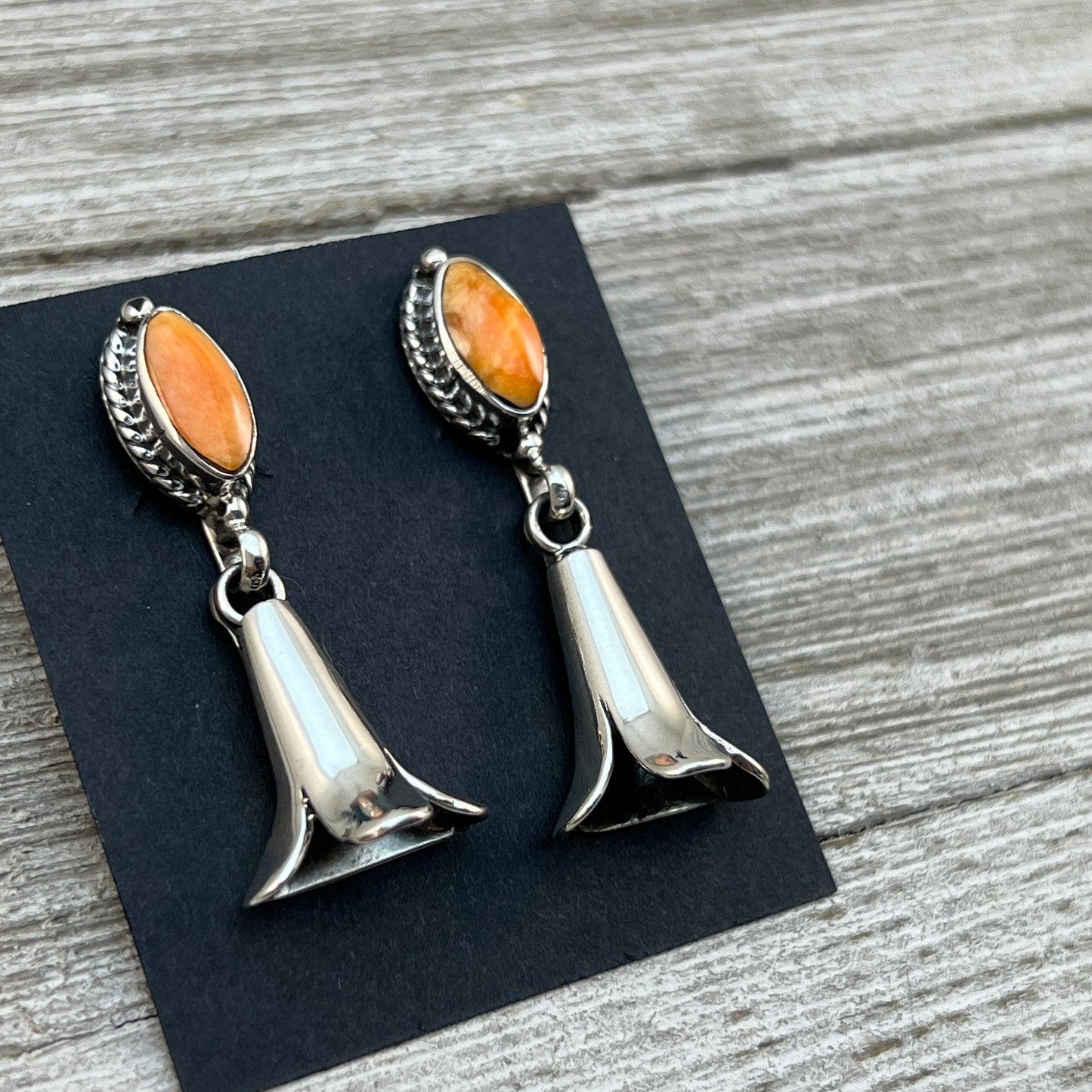 Orange Spiny Squash Blossom dangle earrings sterling silver turquoise Sheena Jack 409