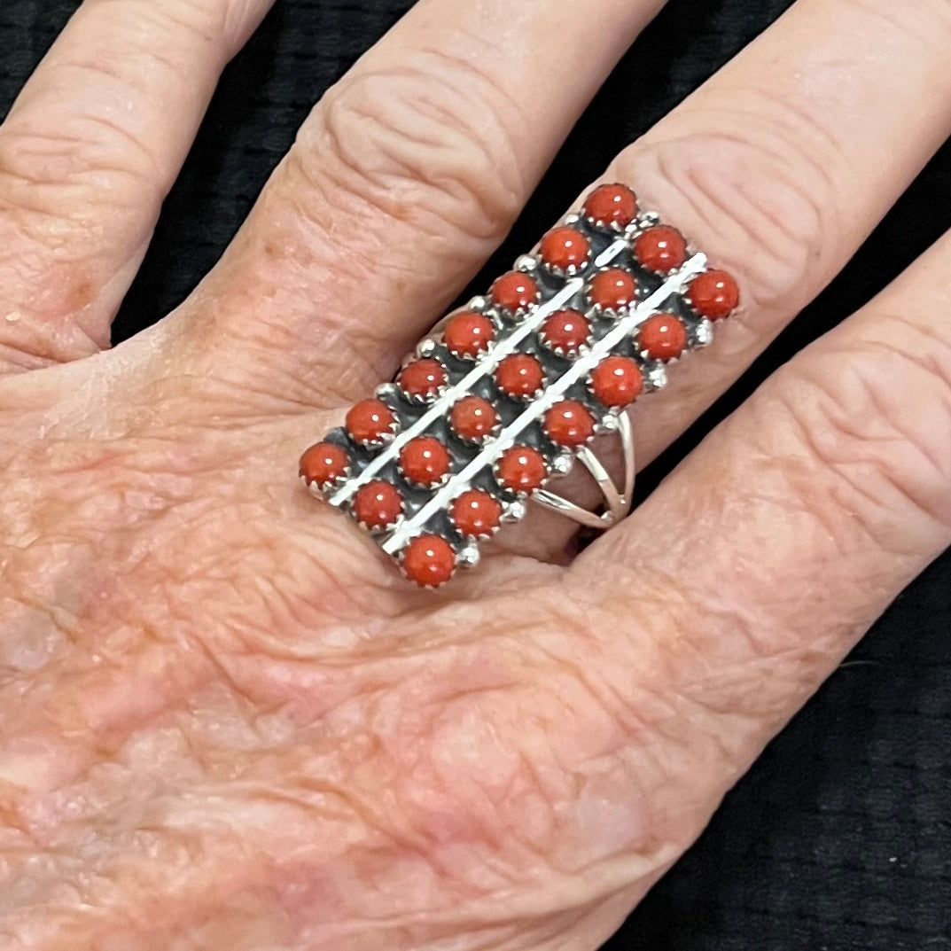 Size 7.5 Red Mediterranean Coral Zuni Snake Eye Dot Row Ring Kenny Lonjose Sterling Silver