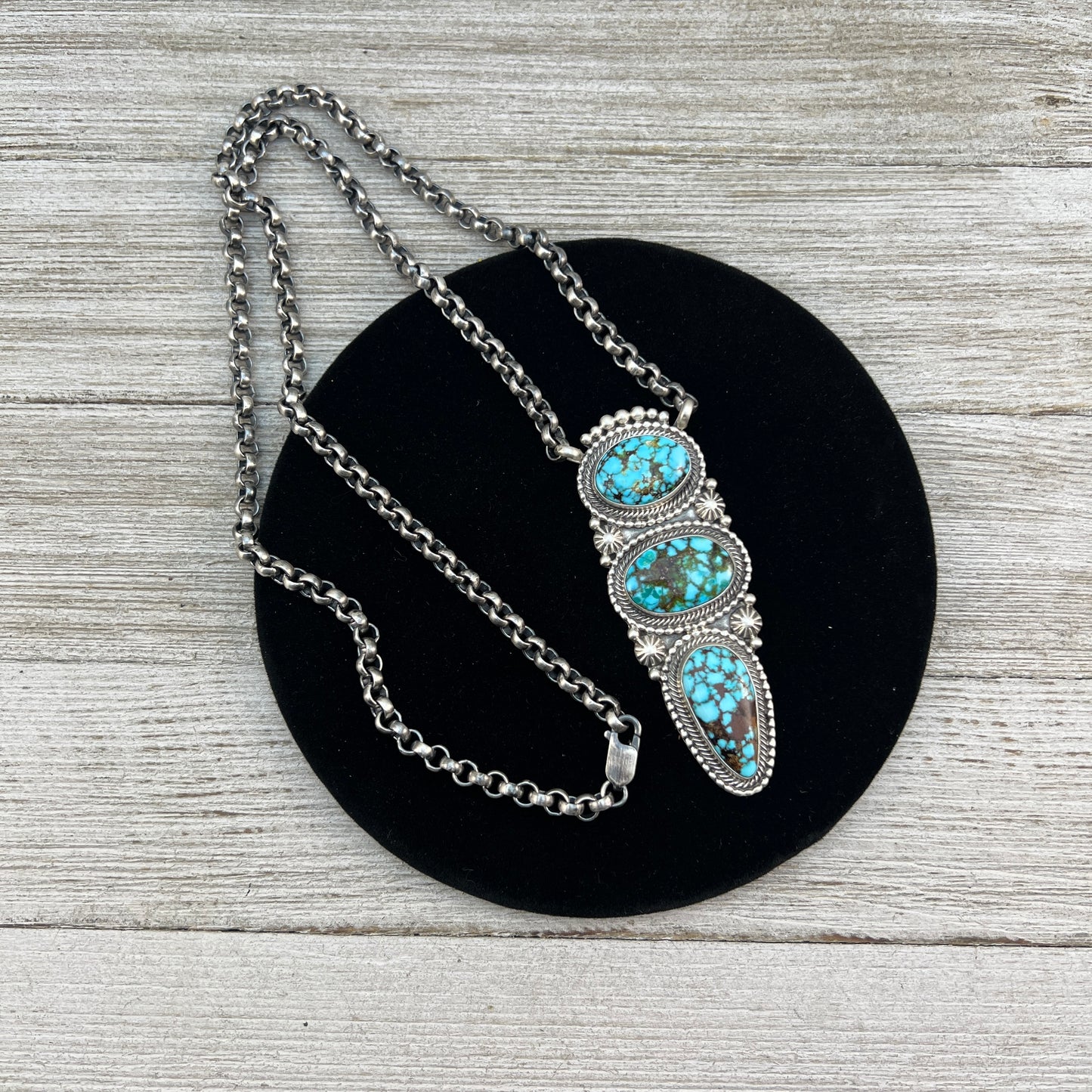 24" Kingman turquoise Necklace 2 Sterling Silver Rolo Chain Tom Lewis Navajo
