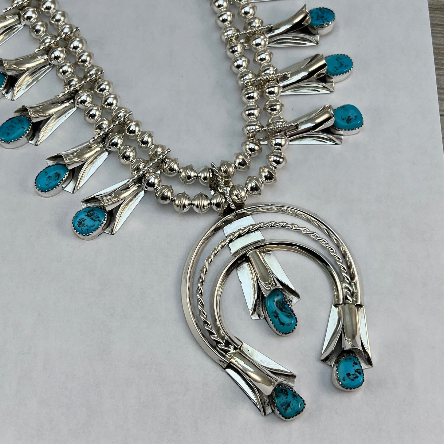 24" Sleeping Beauty Turquoise  squash blossom necklace Louise Yazzie Sterling silver set