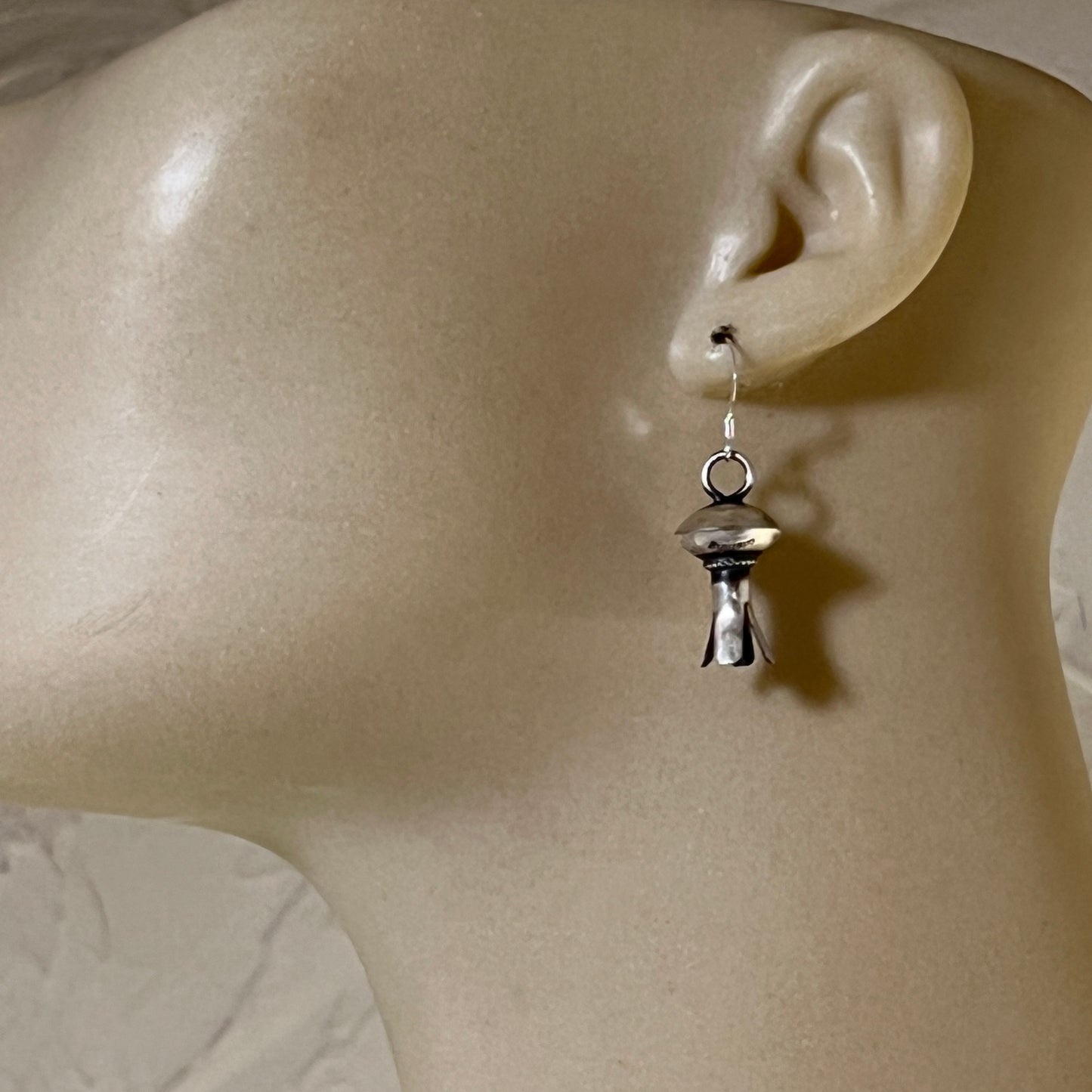 Small lightweight all silver squash blossom dangle earrings Sterling silver Monica Smith