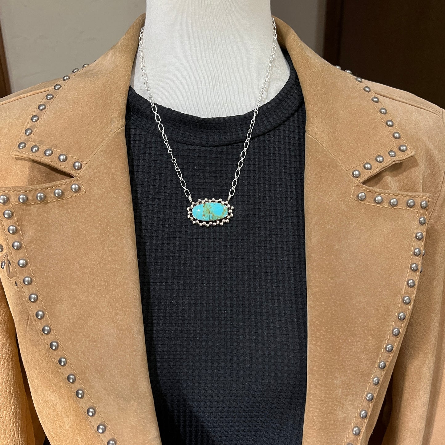 Kingman turquoise oval bar station necklace 4 sterling silver Gregg Yazzie