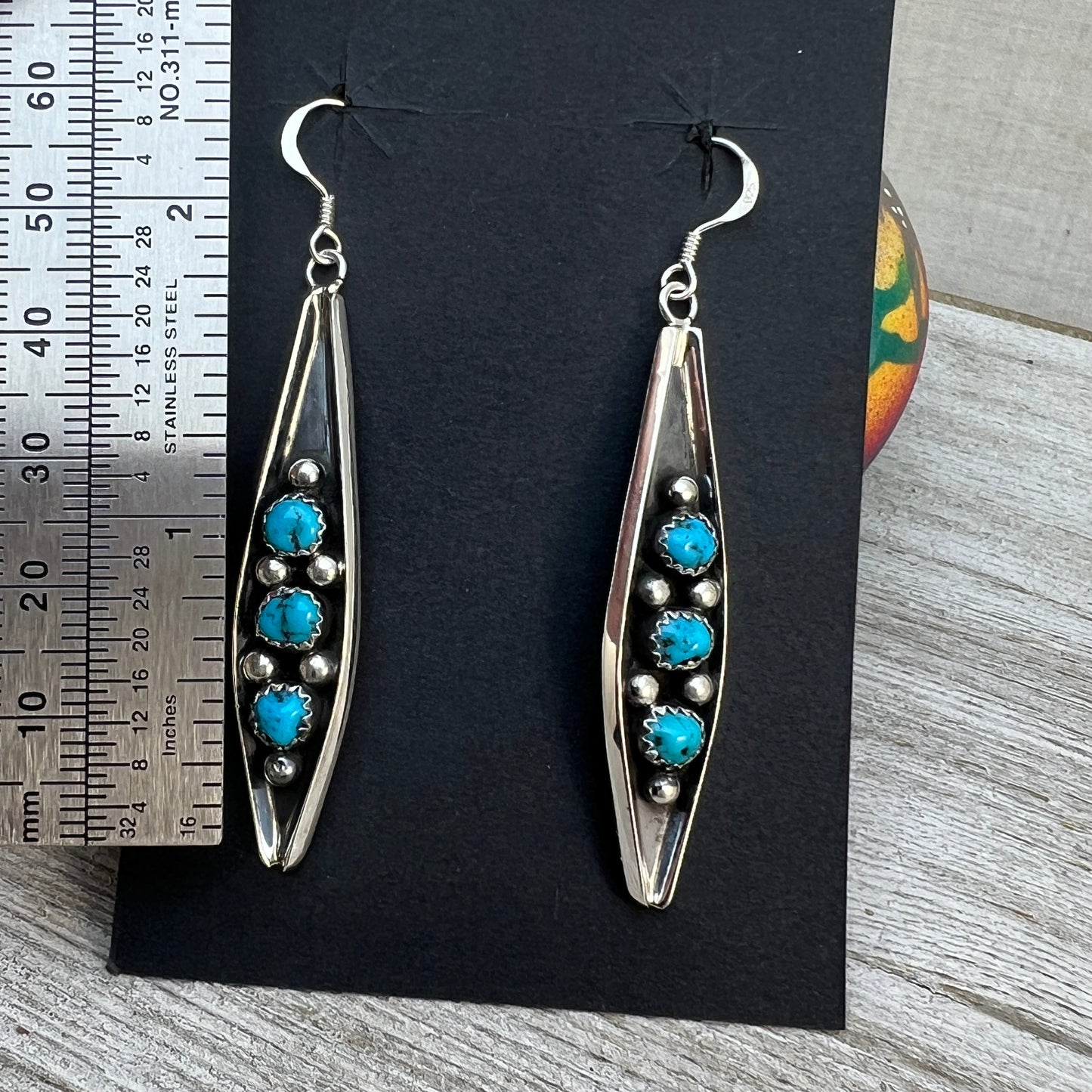 7/8" Blue Turquoise Earrings Navajo handmade by Paul Largo sterling silver 3