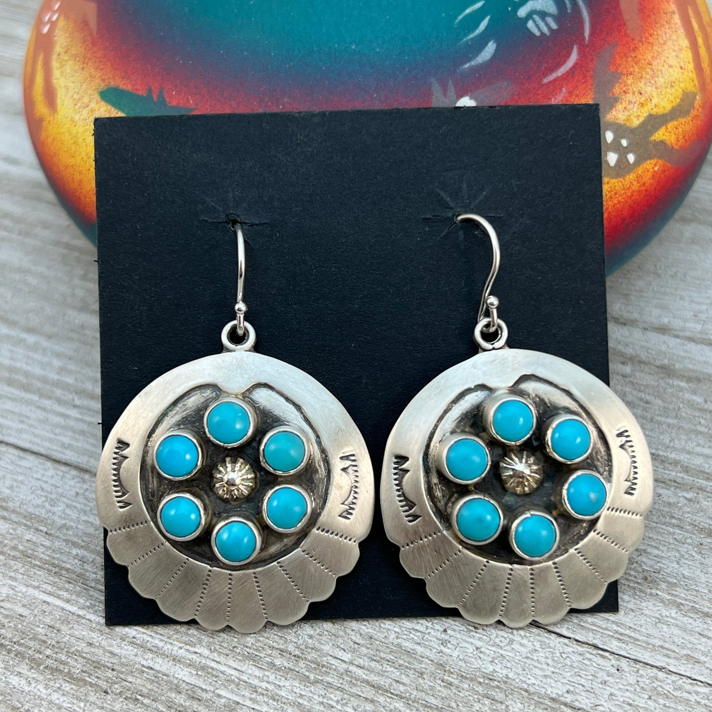 Dangle Concho cluster earrings sterling silver turquoise Kenny Lonjose signed 1