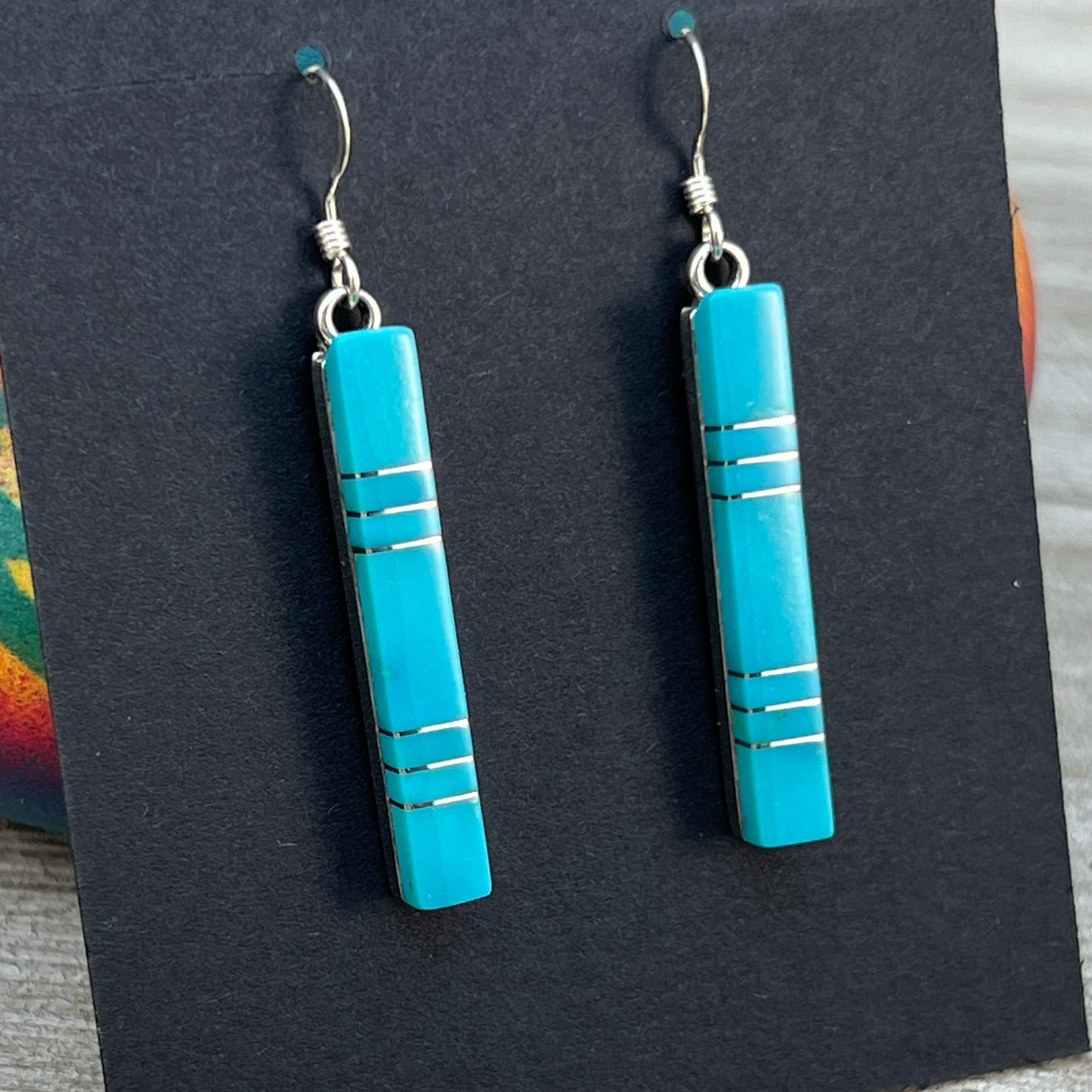 Modern Blue Turquoise inlay bar dangle earrings 2 sterling silver Zuni MaDerral Kallestewa