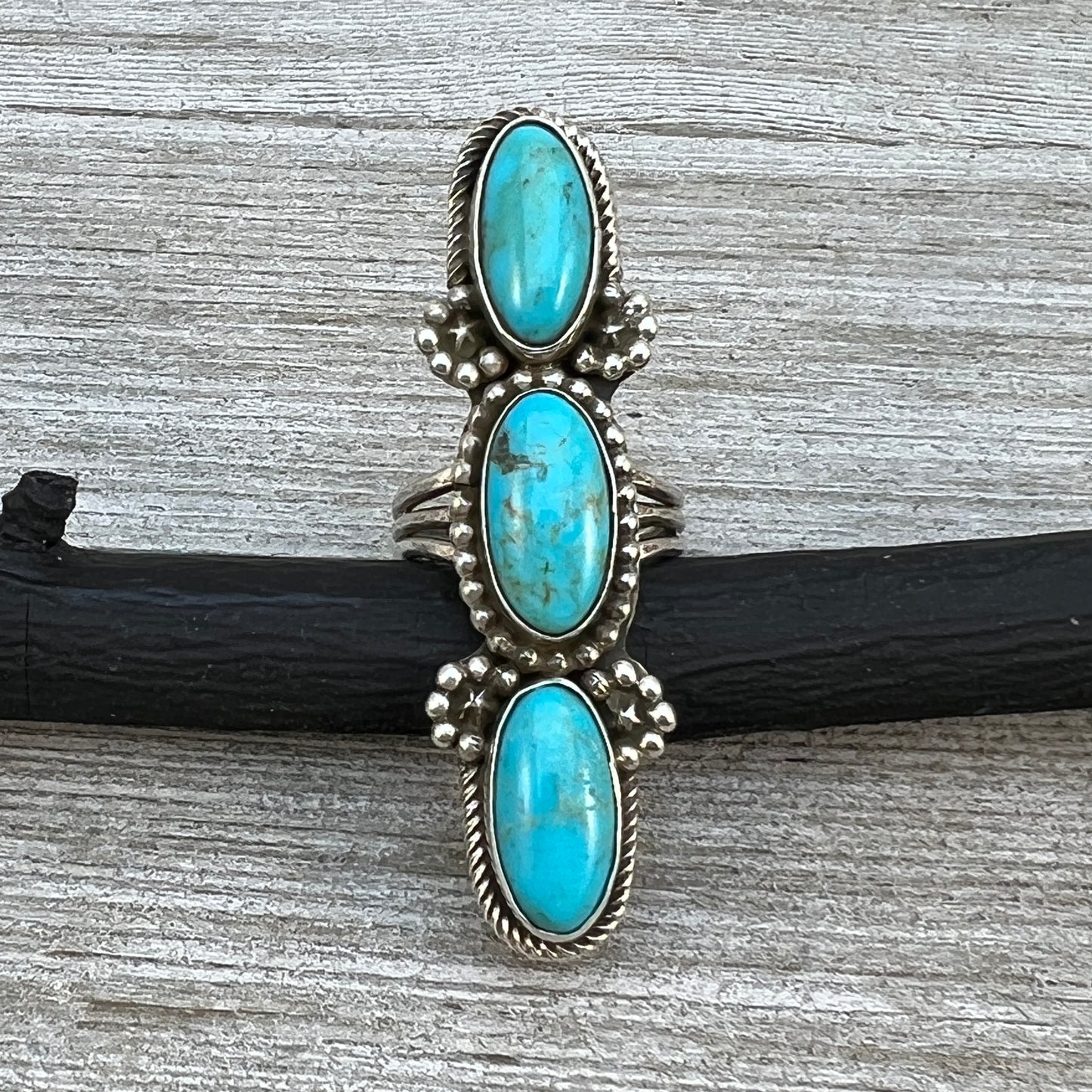 Size 7 Blue Campitos turquoise sterling silver long pointer ring Harold Becenti 490