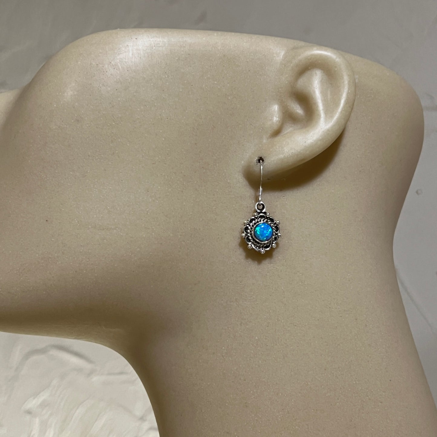 Dainty blue Opal Dangle earrings, small handmade Sterling Silver