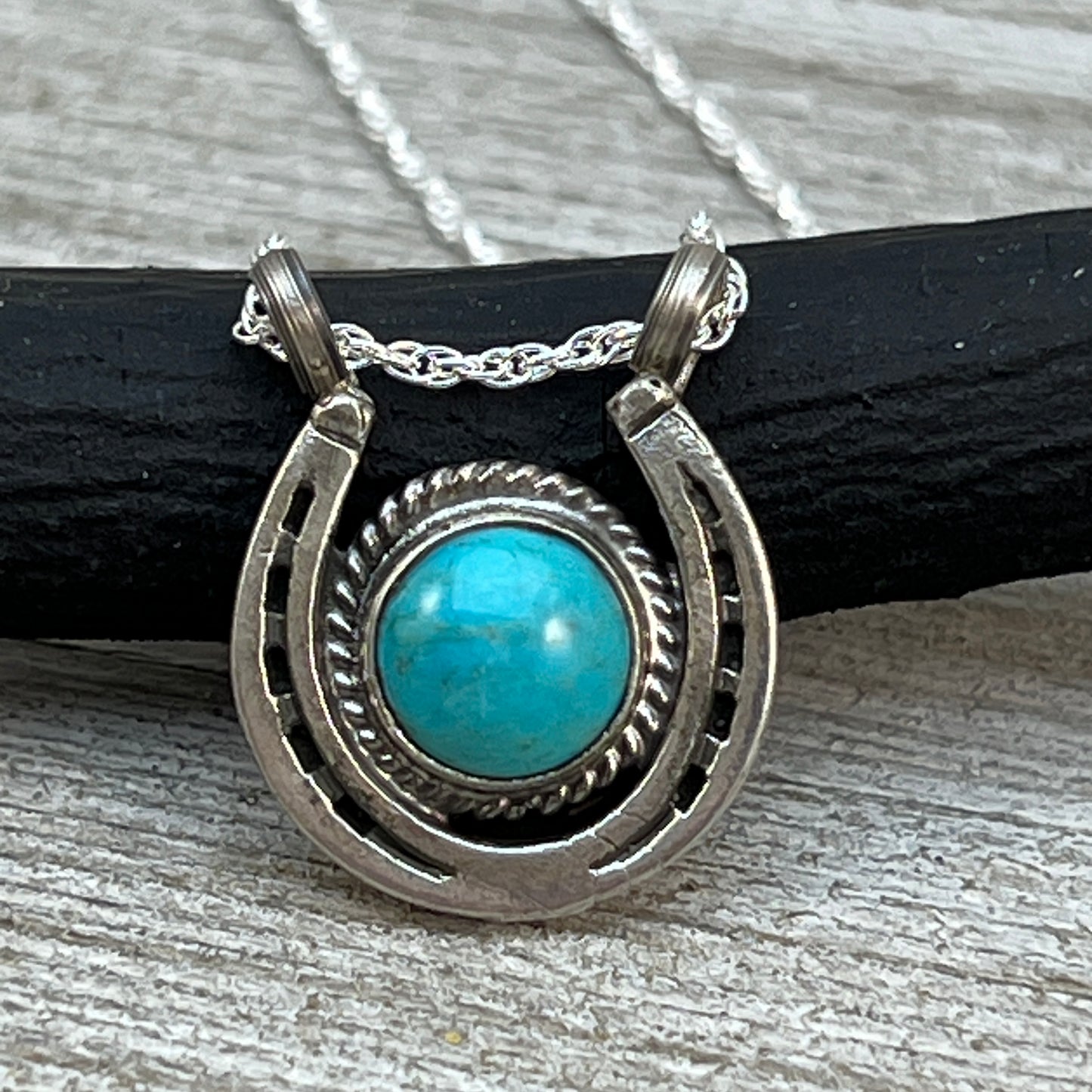 18" Sterling Silver Turquoise Horseshoe Necklace Cowgirl Rodeo Jewelry Annette Chiquito