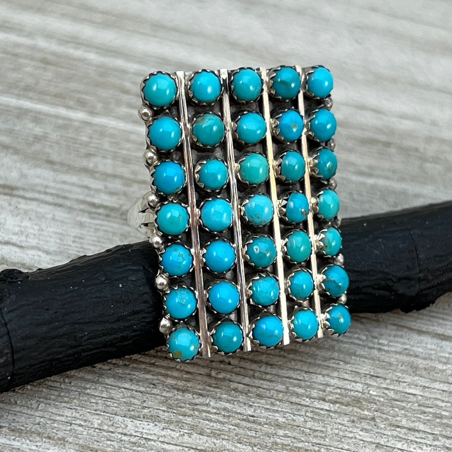 Size 9.75 Turquoise Zuni Snake Eye Dot Row Ring Kenny Lonjose Sterling Silver