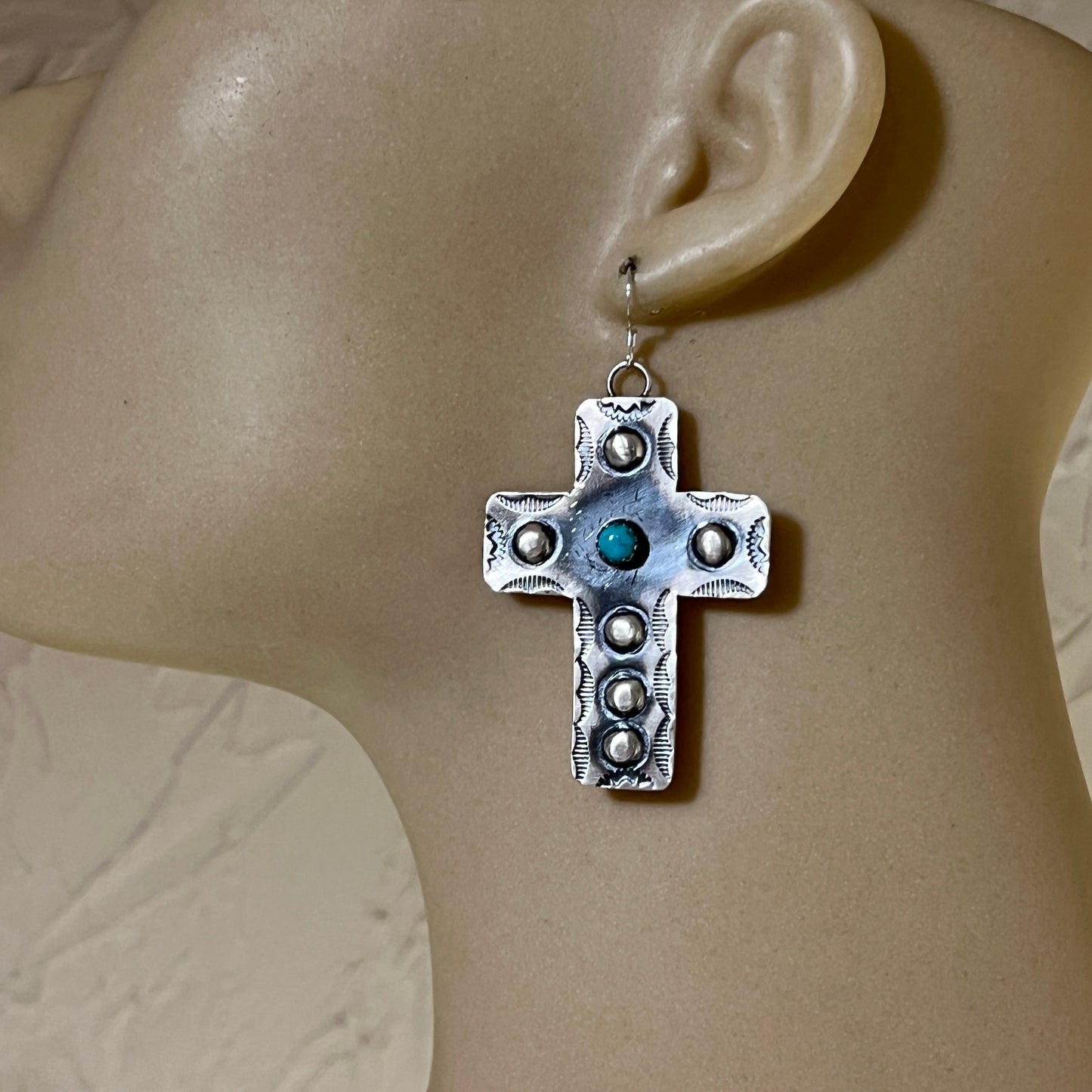 Navajo handmade large cross dangle earrings sterling silver turquoise Tim Yazzie 398