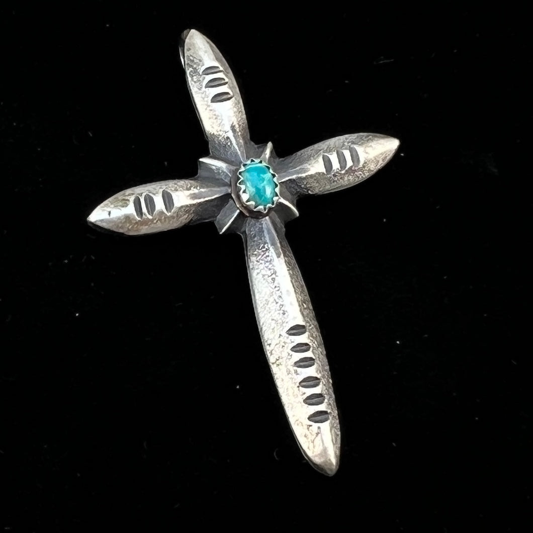 Narrow Turquoise Cross Pendant Sterling Silver Navajo handmade Martha Cayatineto