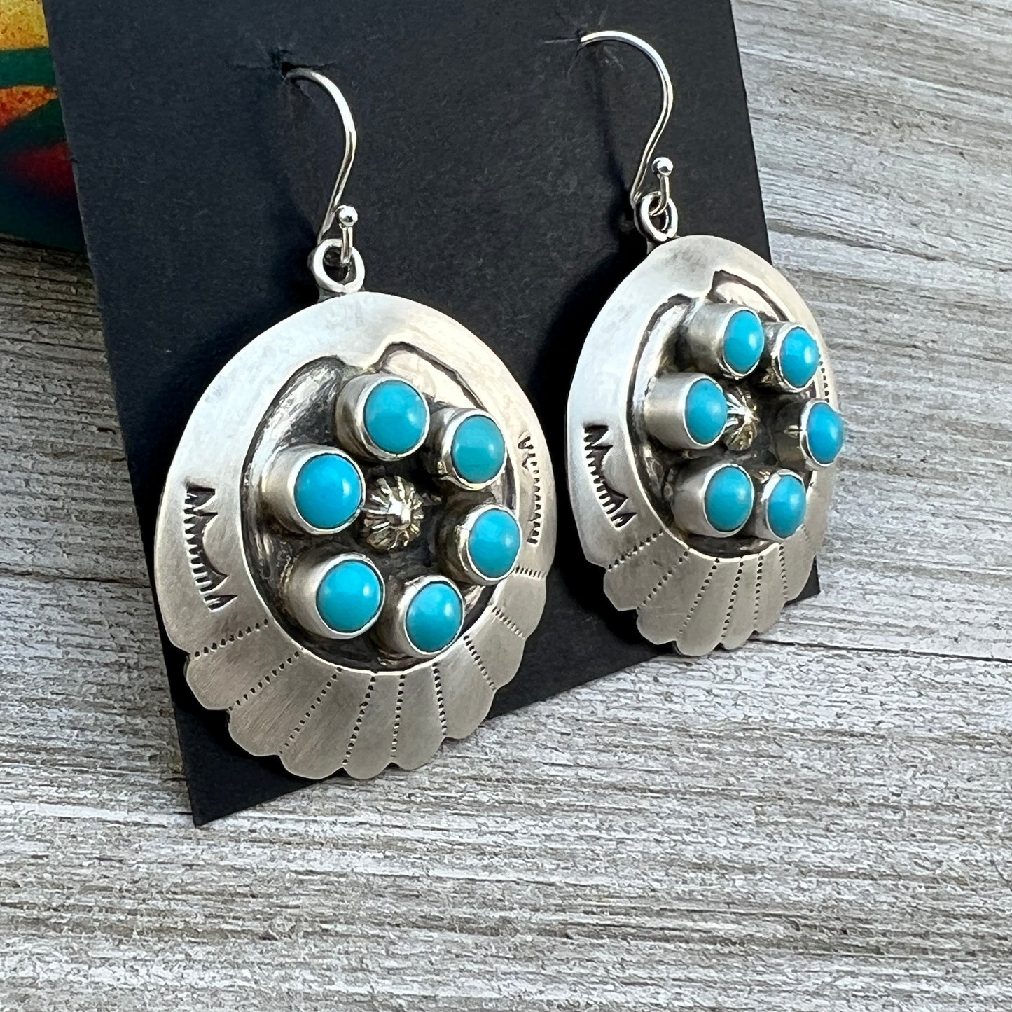 Dangle Concho cluster earrings sterling silver turquoise Kenny Lonjose signed 1