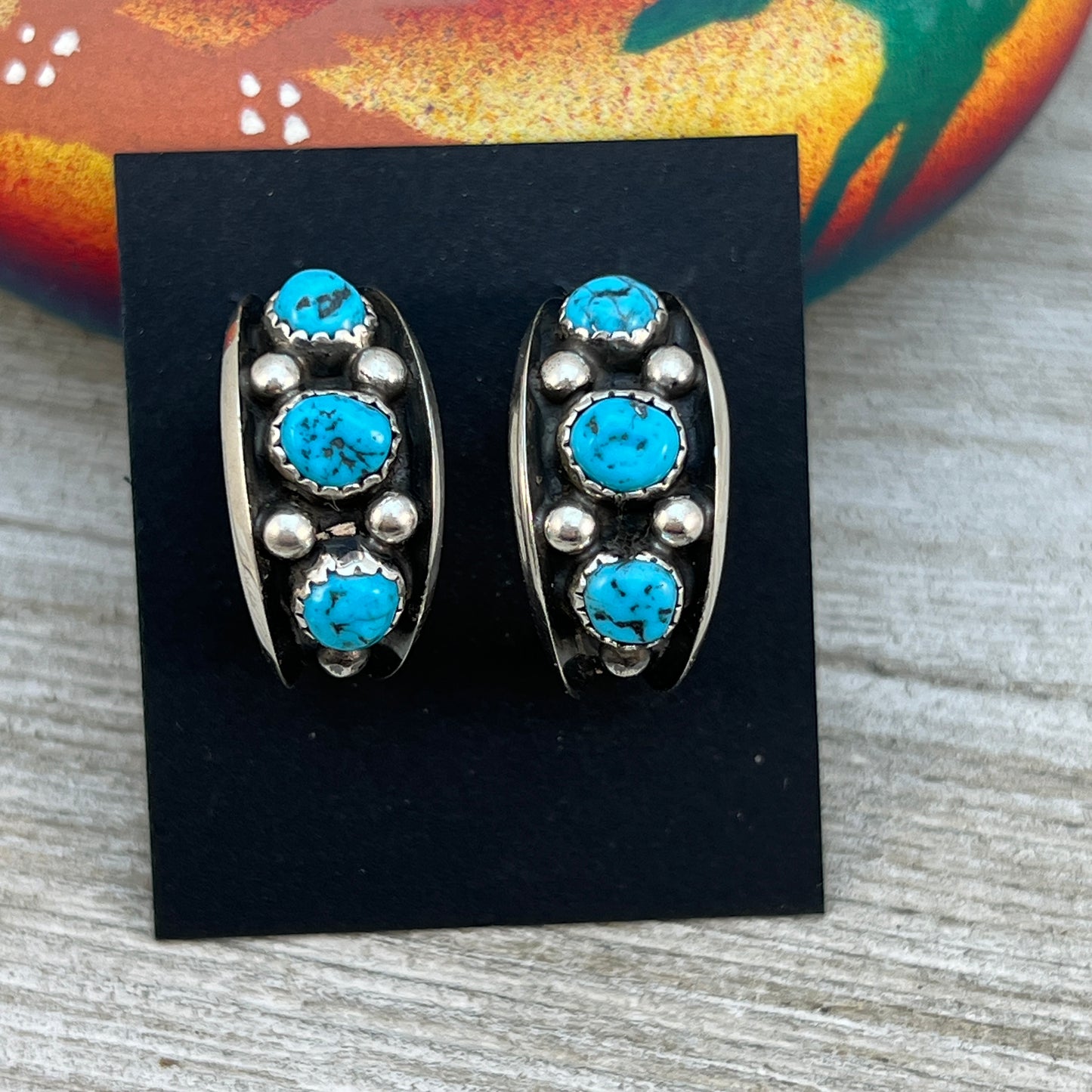 7/8" Turquoise Hoop Earrings Navajo handmade by Paul Largo sterling silver 2