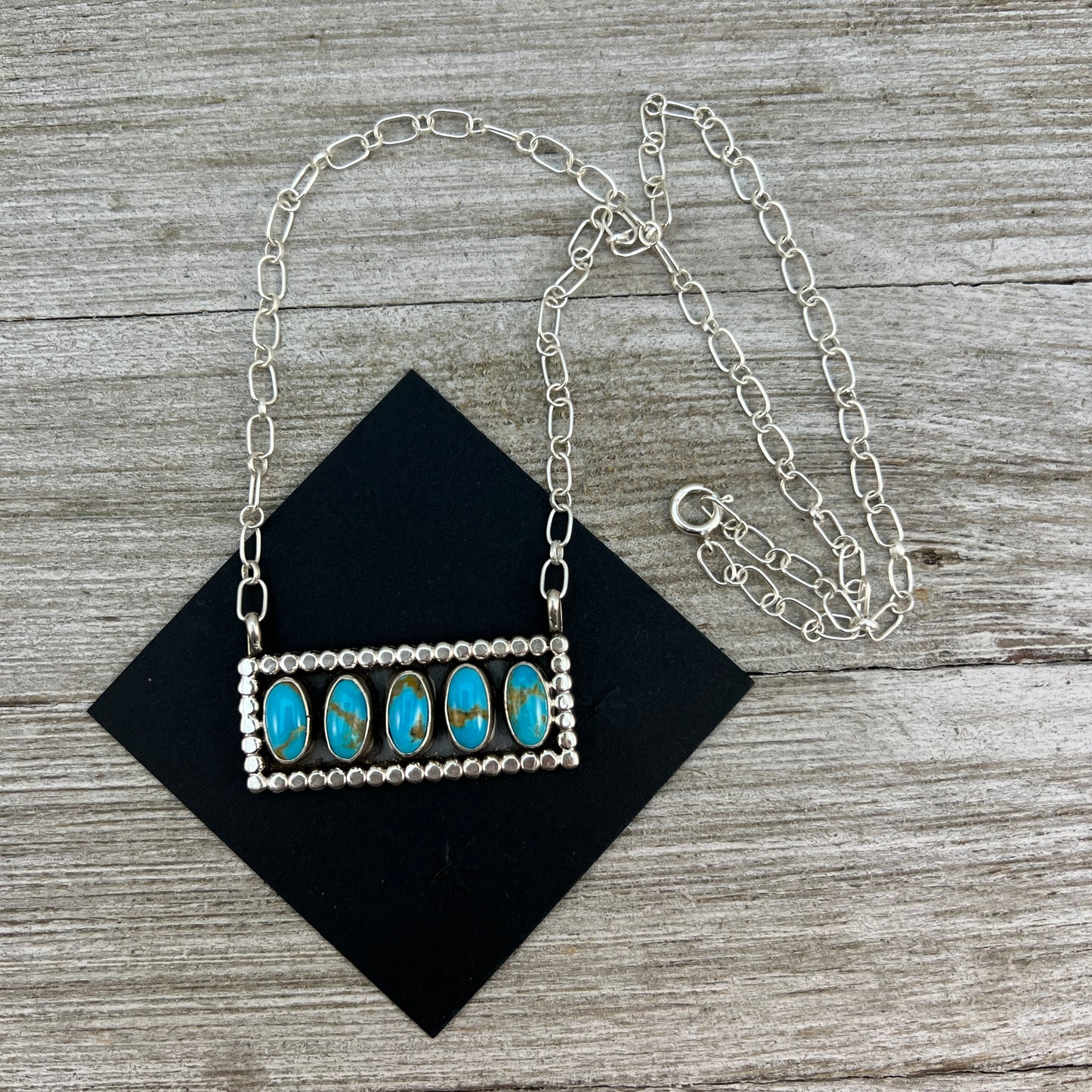18" Blue Campitos turquoise rectangle bar necklace #6, Navajo handmade, sterling silver
