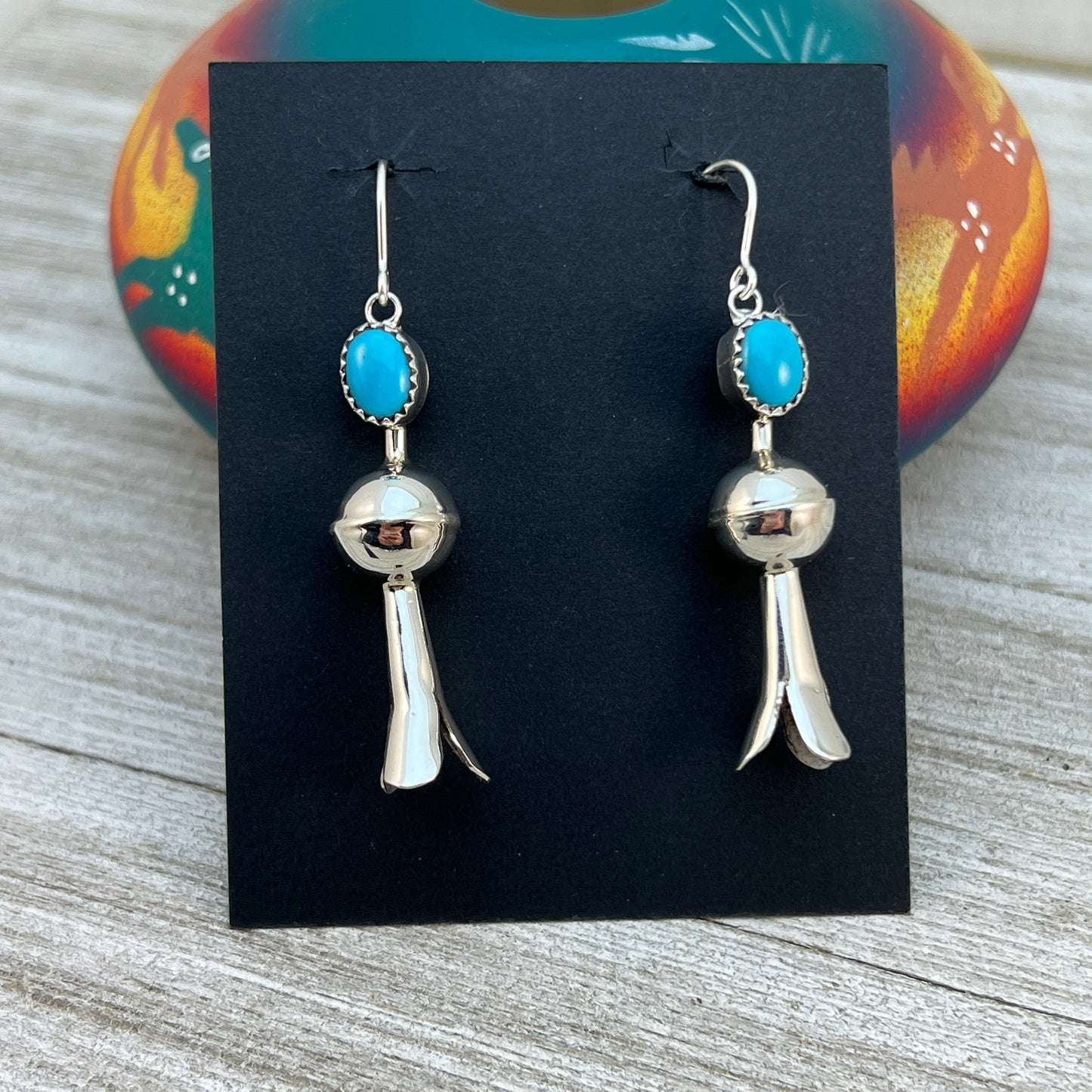 Squash Blossom Dangle Earrings Blue Campitos Turquoise sterling silver Vernon Tsosie